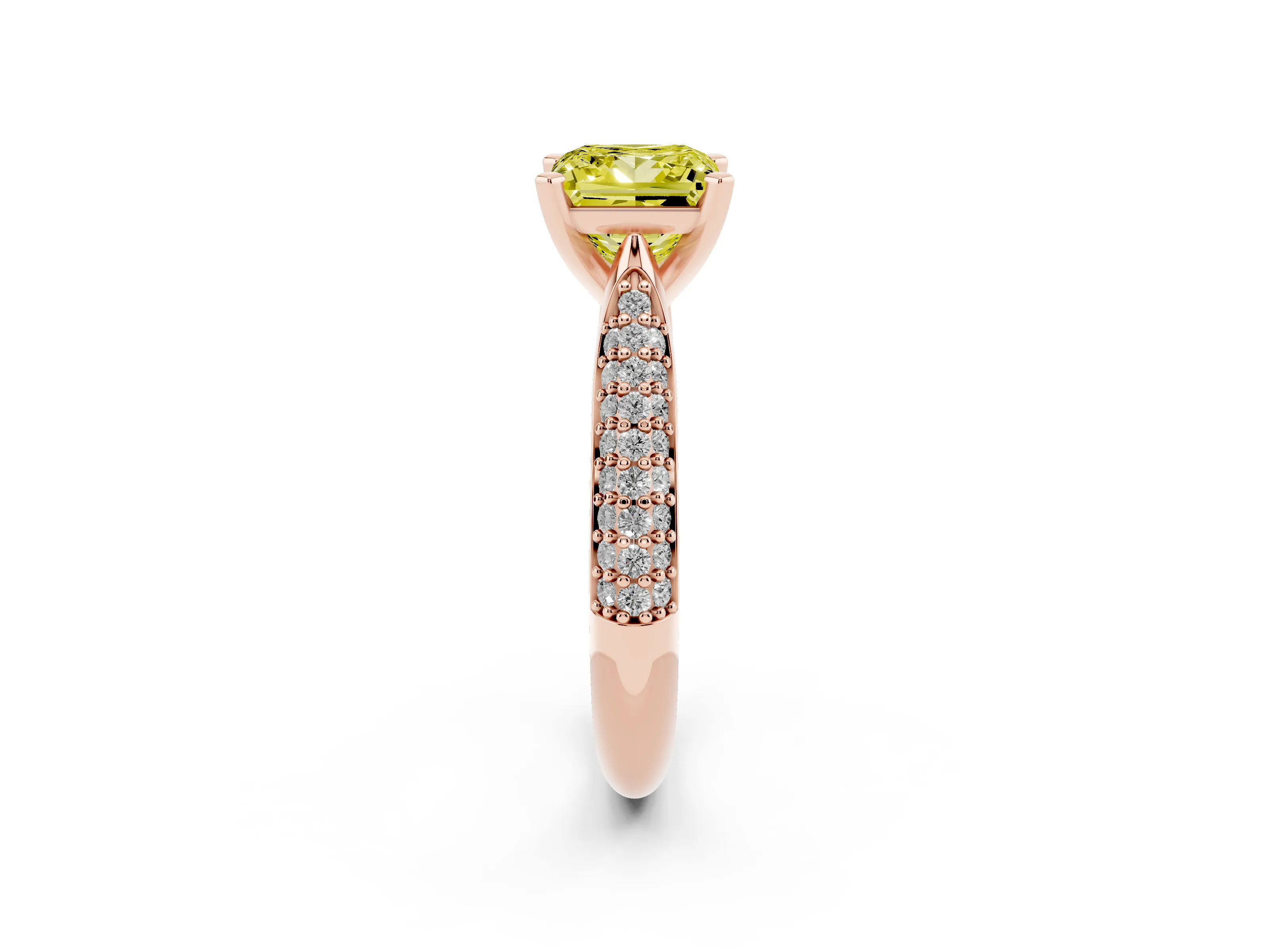Fancy Yellow Princess Cut Diamond Solitaire Engagement Ring Set in Rose gold with Multi-Row Round Pavé Band and Prong Setting