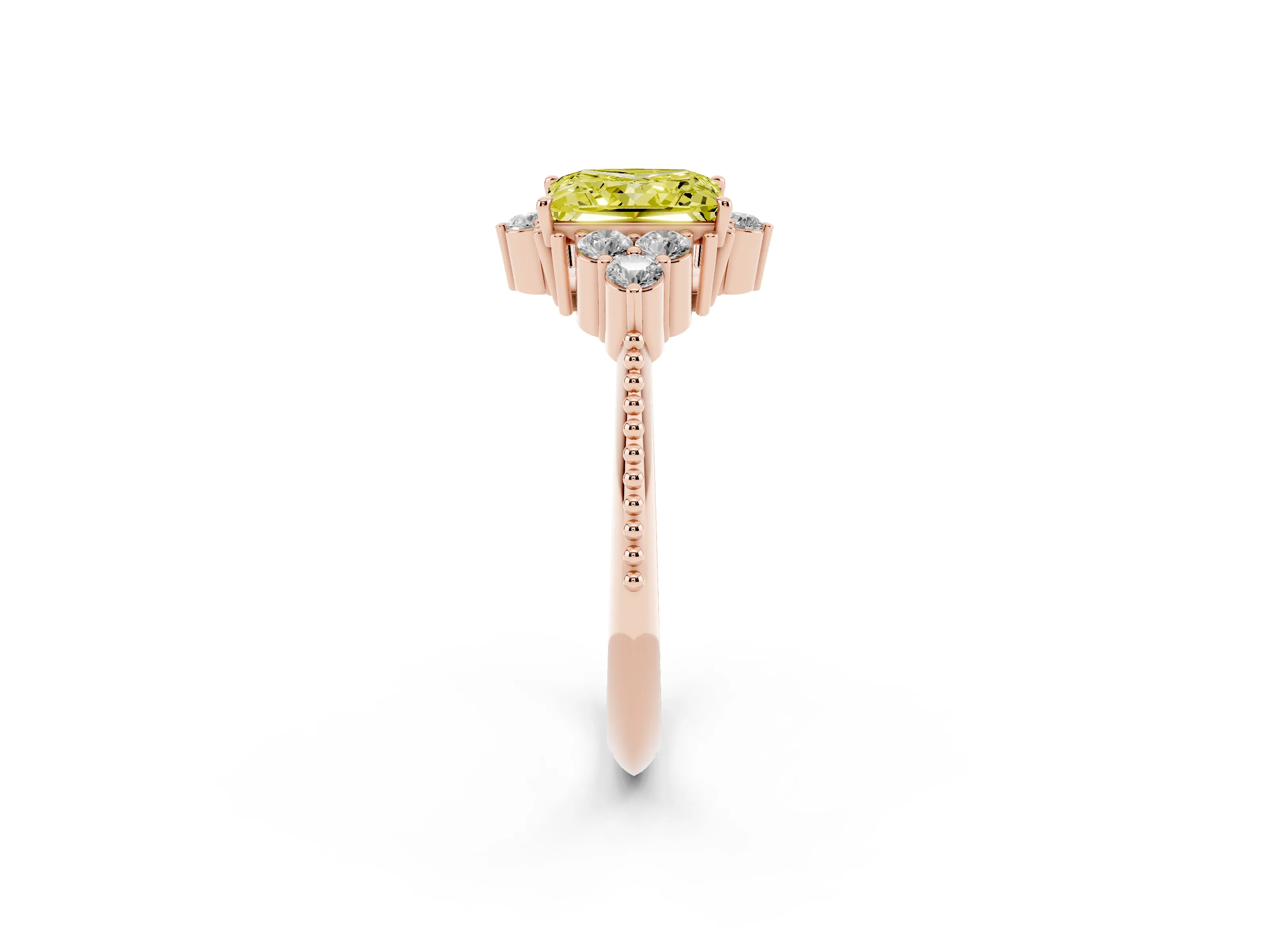 Fancy Yellow Princess Cut Diamond Cluster Ring Set in Rose gold with Beaded Band
