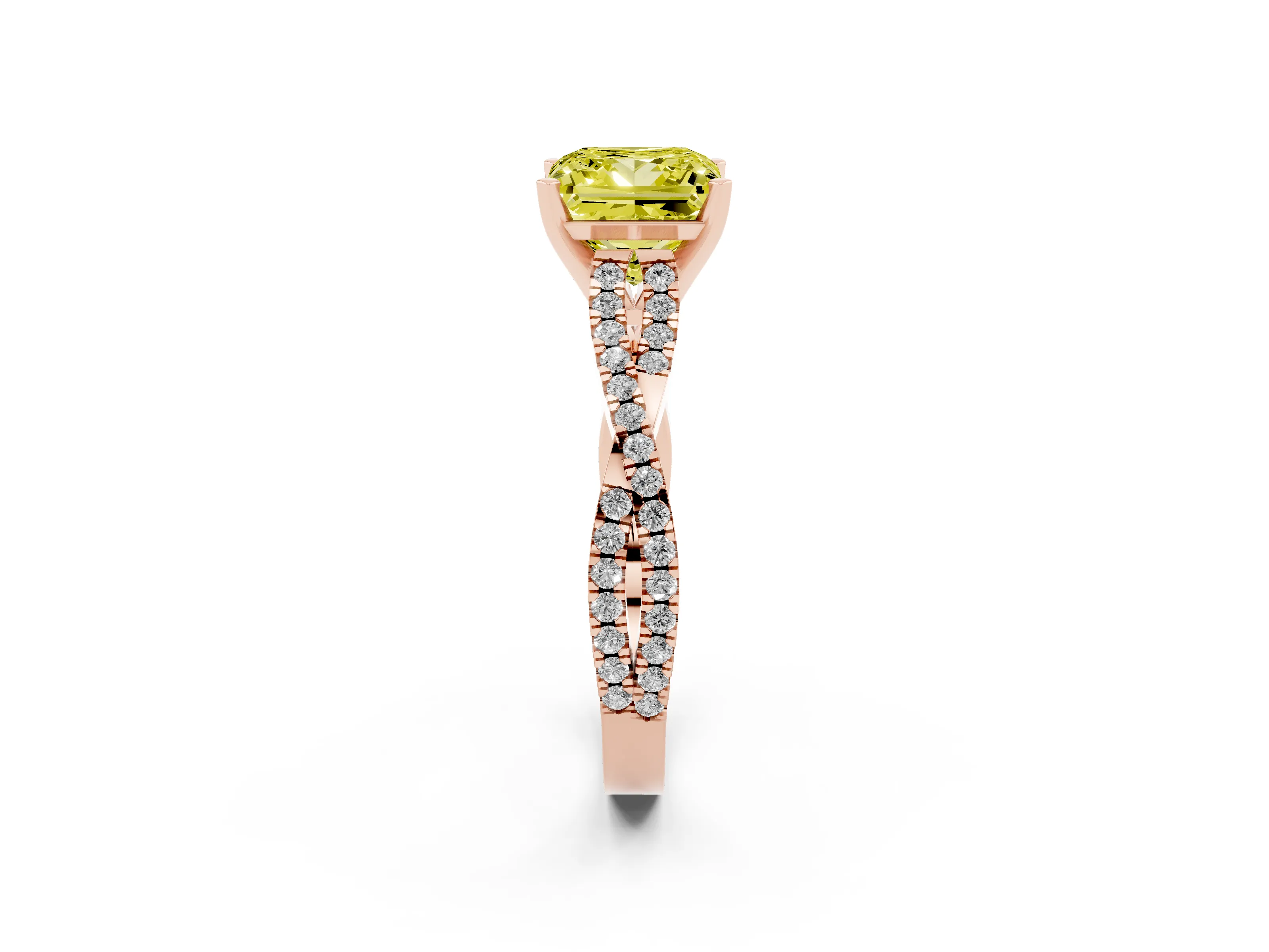 Fancy Yellow Princess Cut Diamond Solitaire Engagement Ring Set in Rose gold with Twisted Pavé Band and Prong Setting