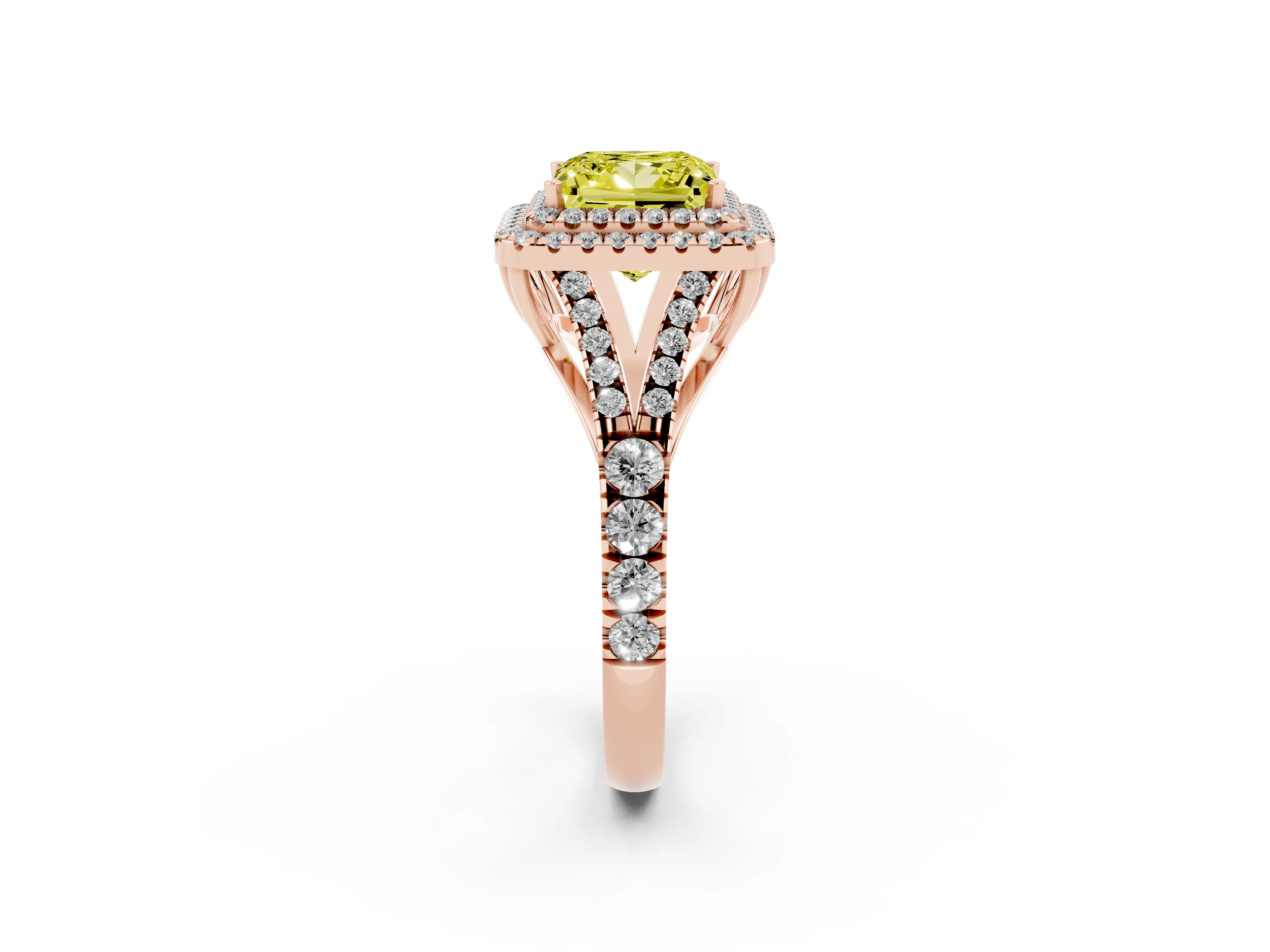Fancy Yellow Princess Cut Diamond Pavé Split Shank Double Halo Engagement Ring Set in Rose gold