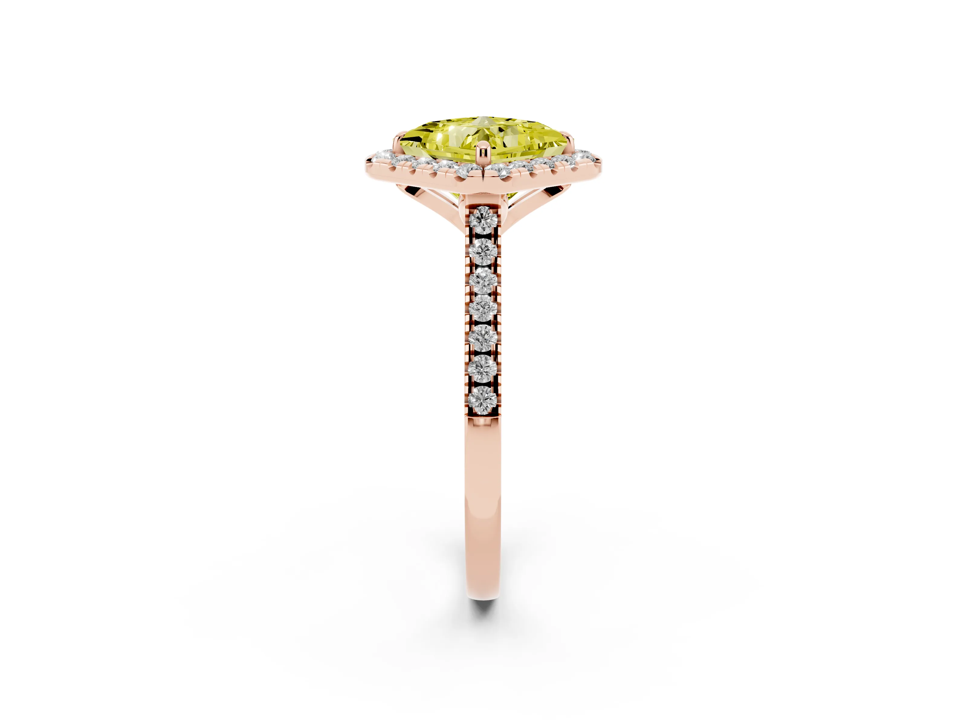 Fancy Yellow Princess Cut Diamond Cushion Halo Ring Set in Rose gold with Pavé Band