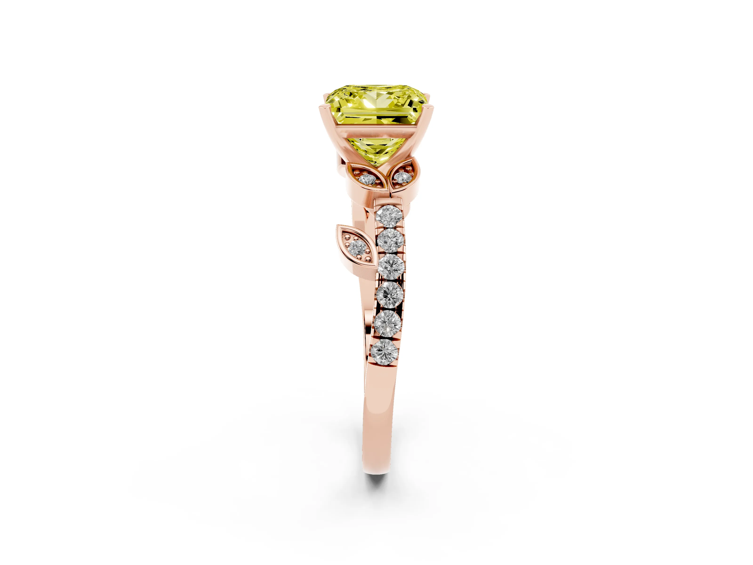 Fancy Yellow Princess Cut Diamond Solitaire Leaf-Inspired Ring Set in Rose gold with Pavé Band and Prong Setting