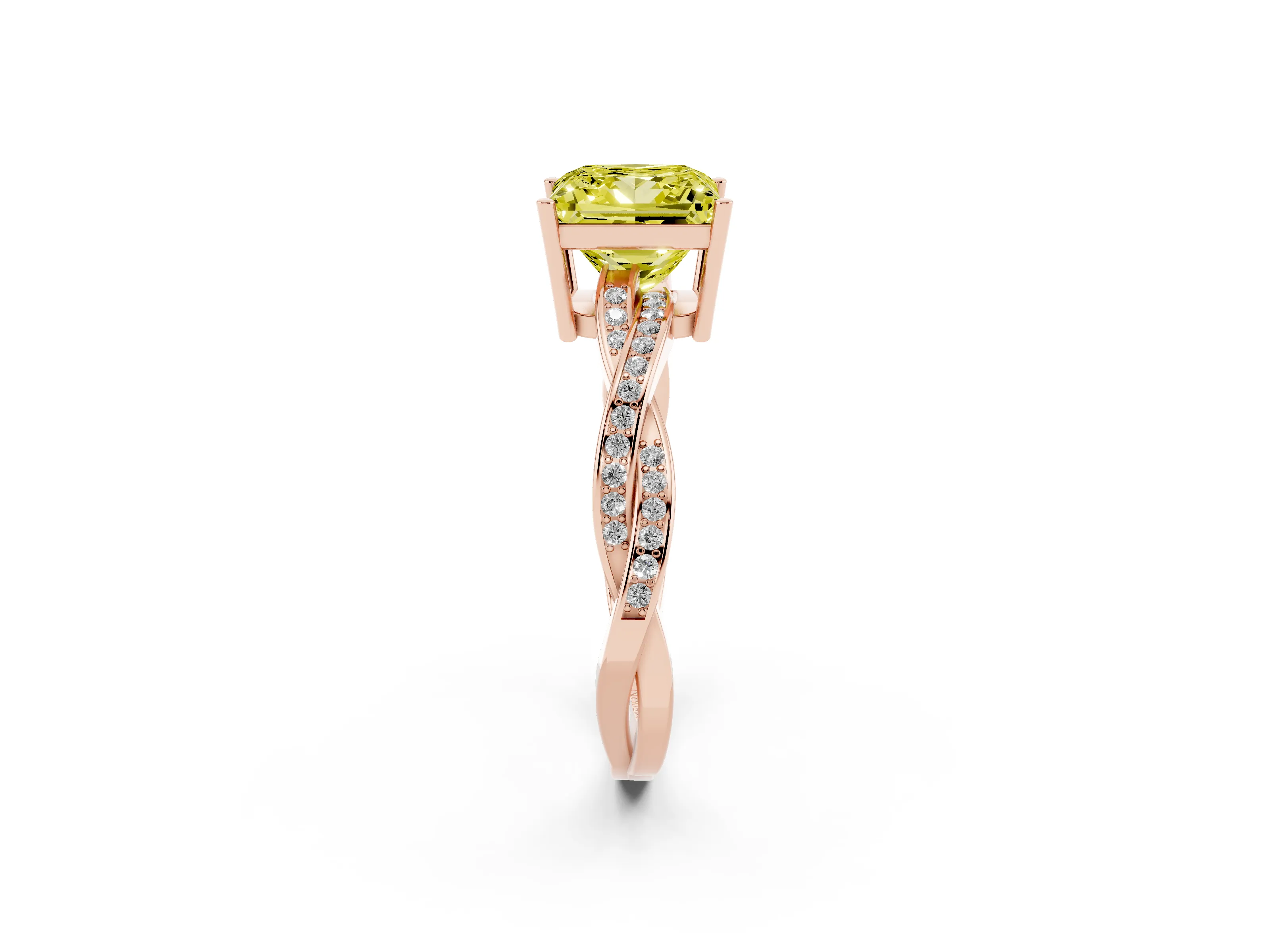 Fancy Yellow Princess Cut Diamond Solitaire Twisted Pavé Ring Set in Rose gold with Prong Setting