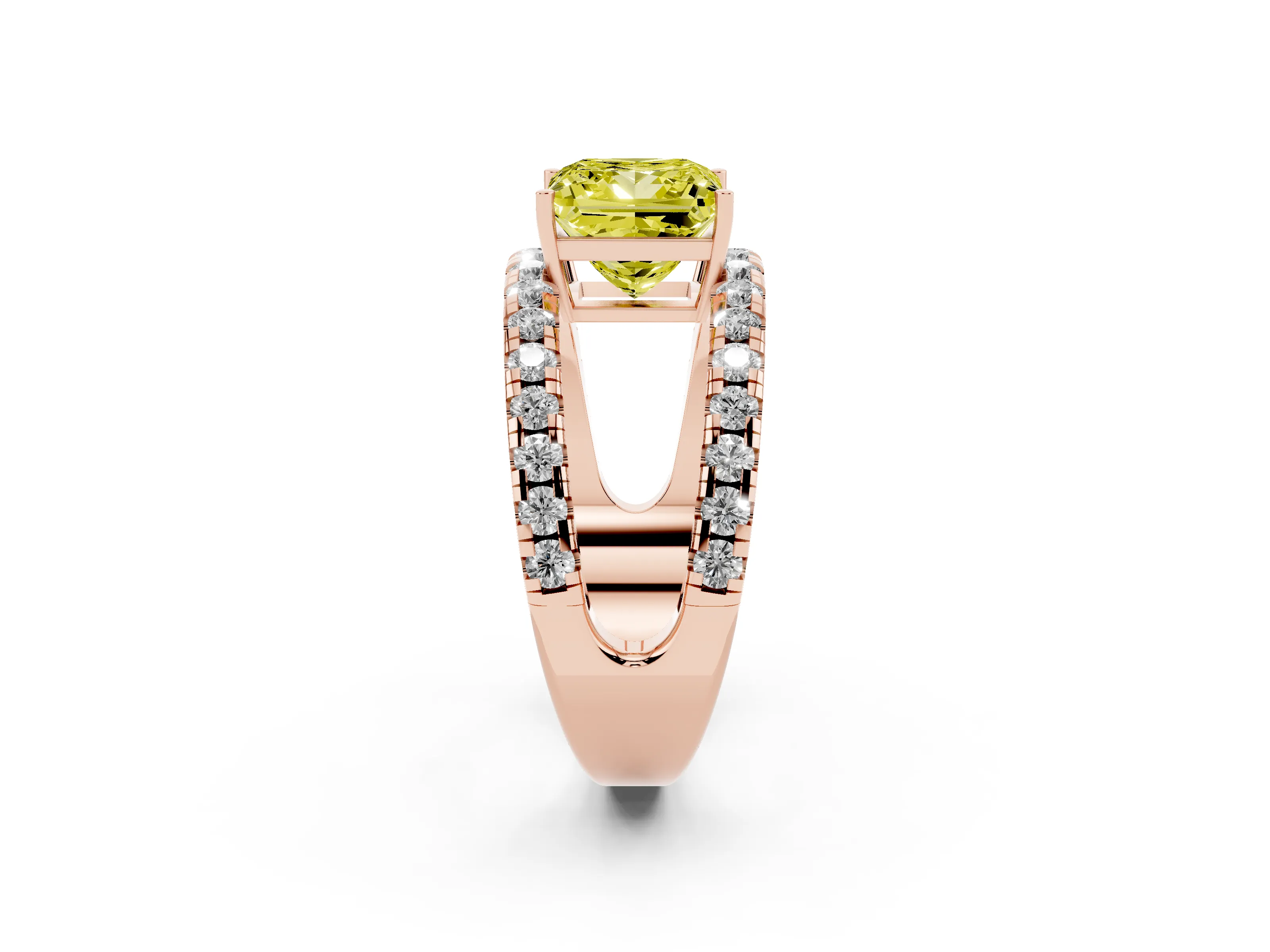 Fancy Yellow Princess Cut Diamond Split Shank Pavé Solitaire Ring Set in Rose gold with Open Shank Design