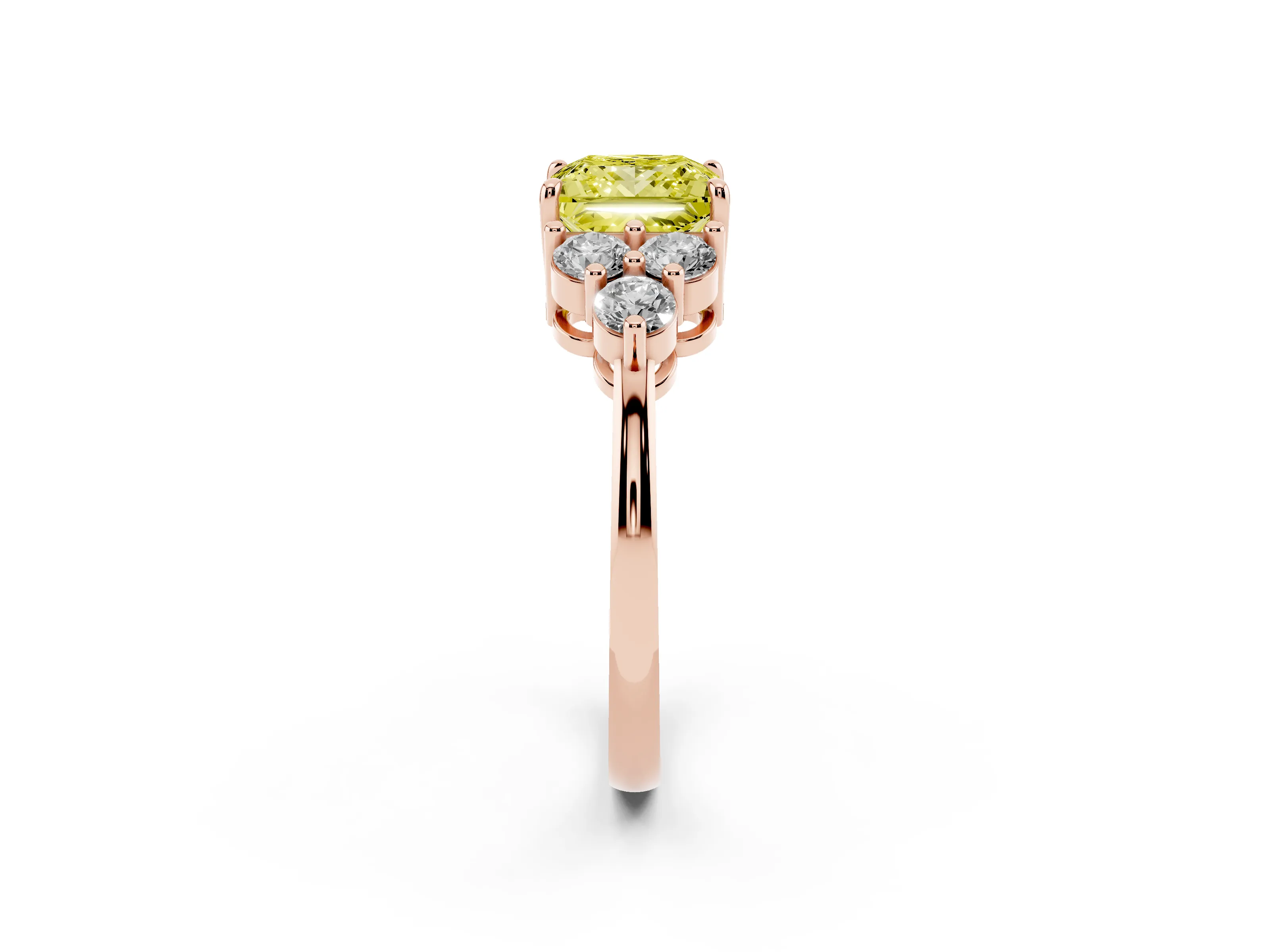 Fancy Yellow Princess Cut Diamond Solitaire Ring Set in Rose gold with Cluster Accents on Each Side