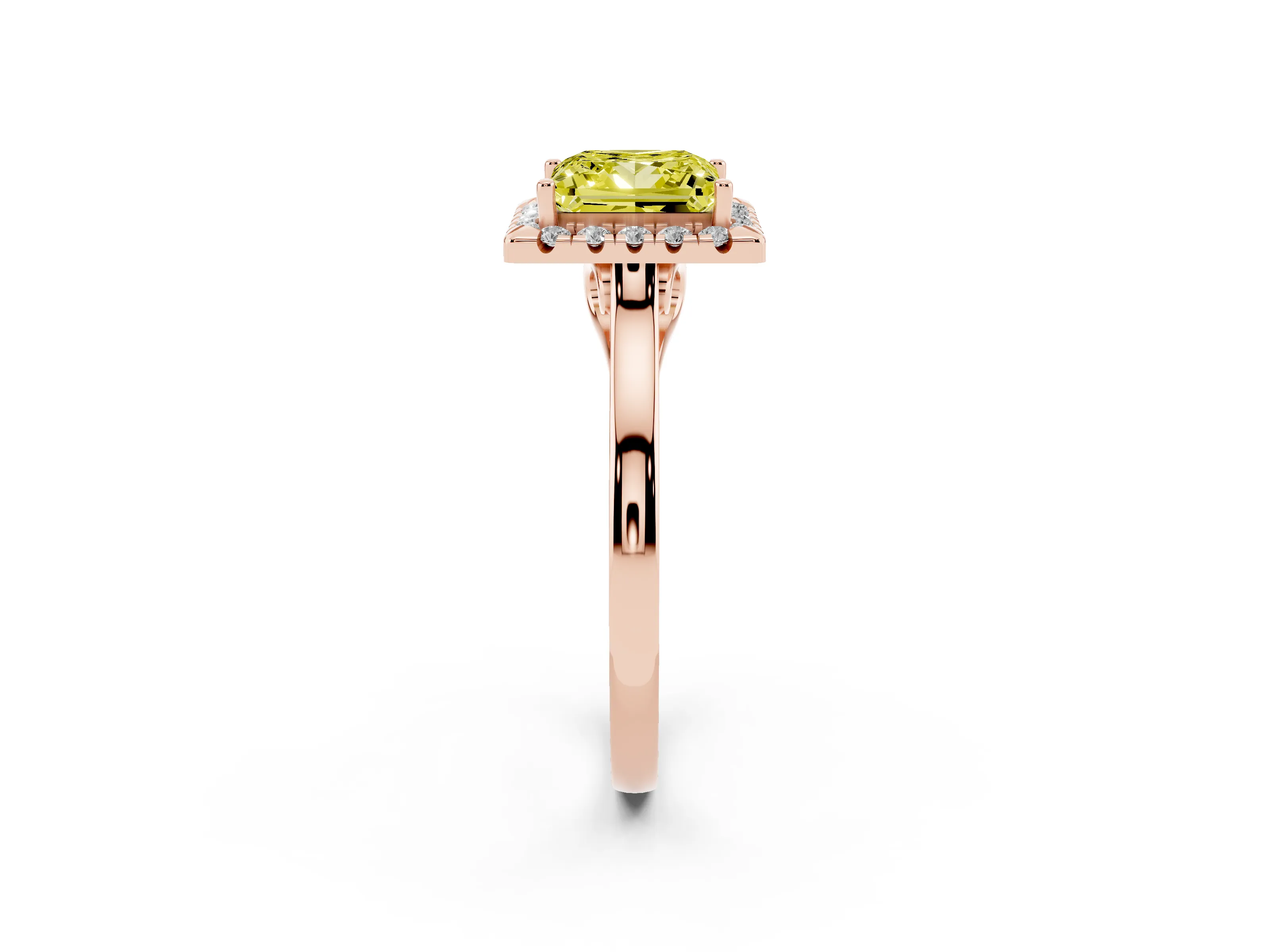 Fancy Yellow Princess Cut Halo Round Diamond Solitaire Ring Set in Rose gold with Pavé Band and Prong Setting