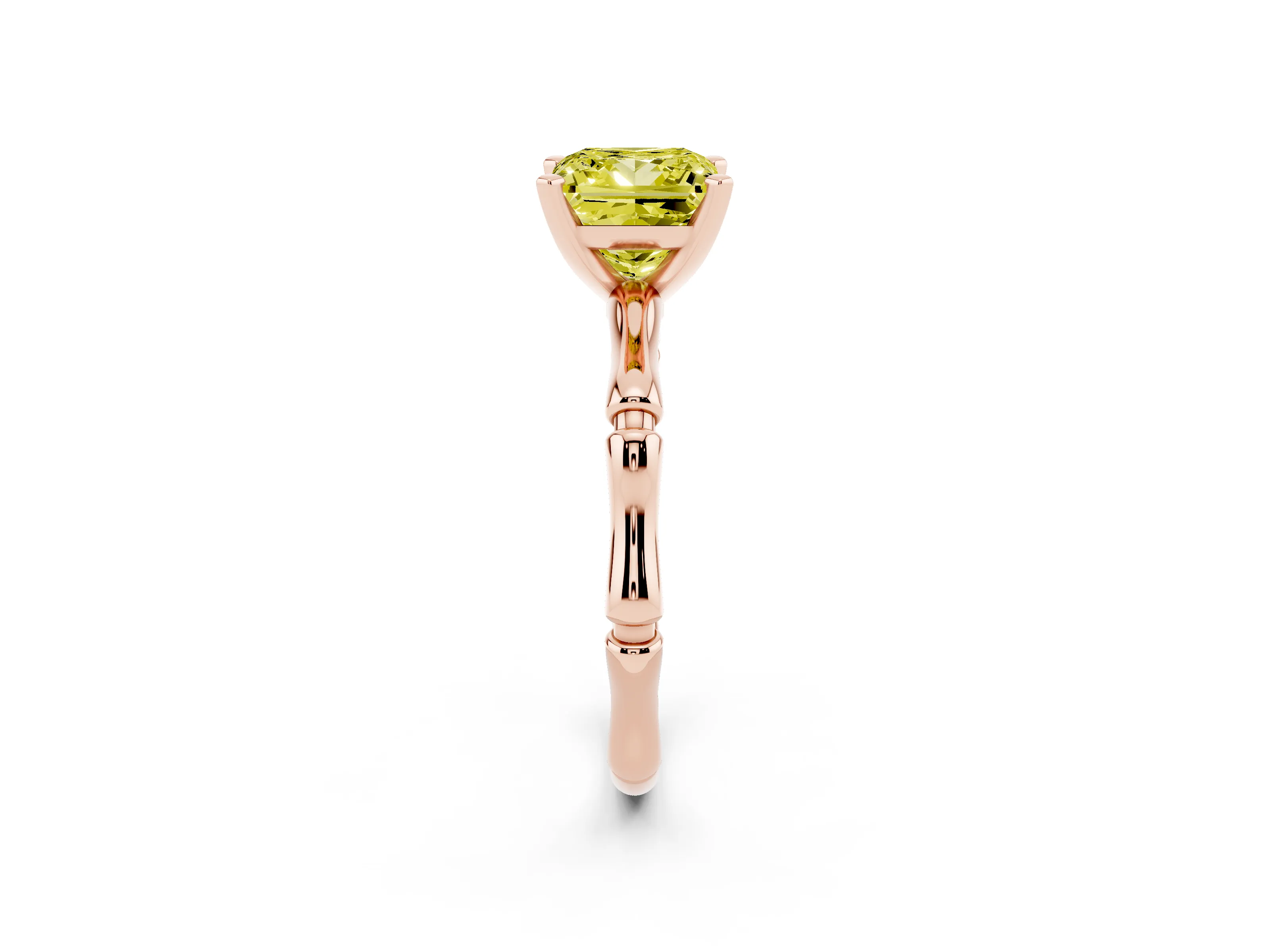 Fancy Yellow Princess Cut Diamond Solitaire Ring Set in Rose gold with Bamboo Band and Prong Setting