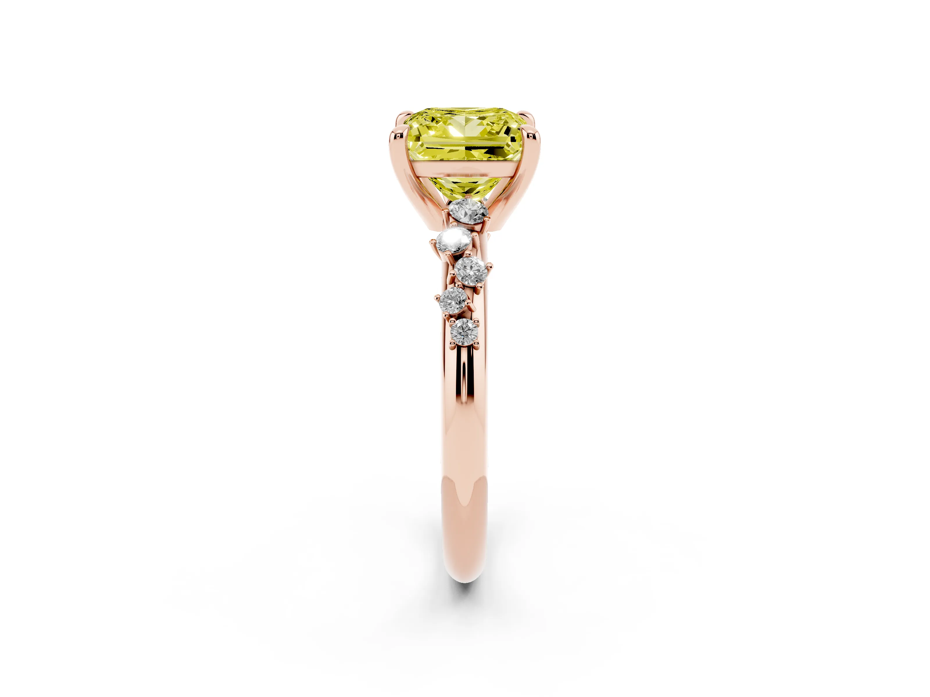 Fancy Yellow Princess Cut Diamond Solitaire Vine Band Ring Set in Rose gold with Round Accents and Prong Setting