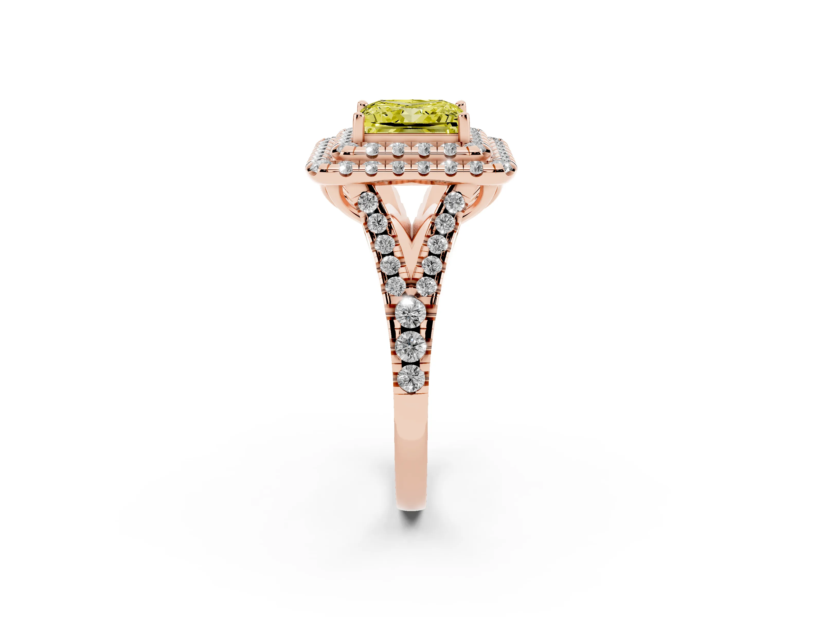 Fancy Yellow Princess Cut Diamond Double Halo Ring Set in Rose gold with Pavé Split Shank and Prong Setting