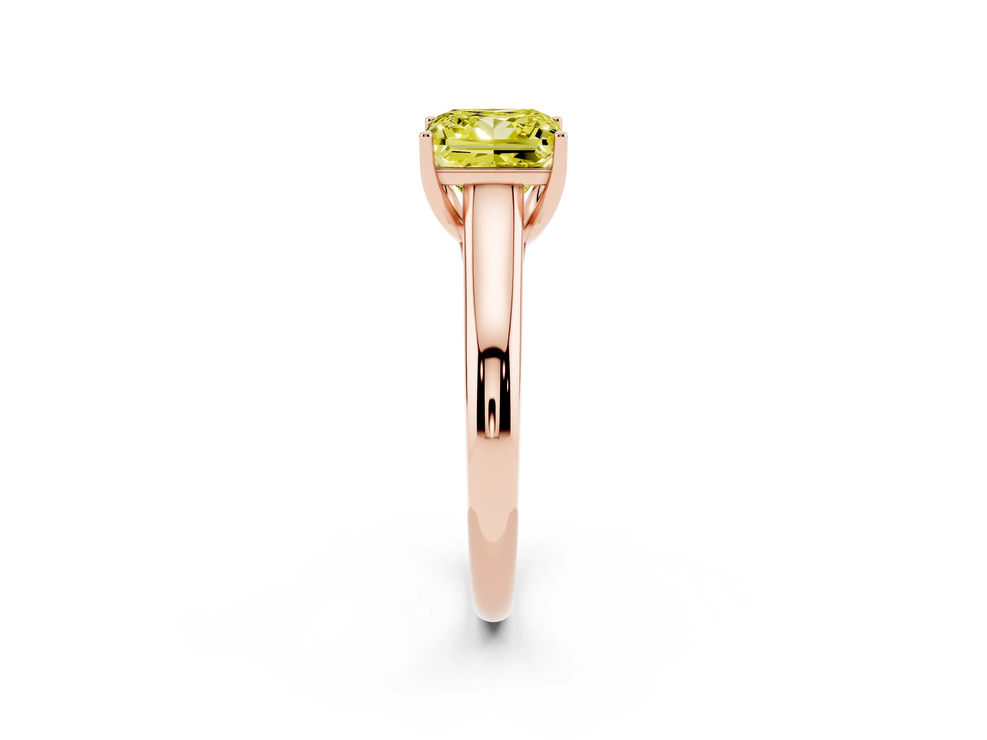 Fancy Yellow Princess Cut Diamond Solitaire Engagement Ring Set in Rose gold with Subtly Tapered Band and Prong Setting