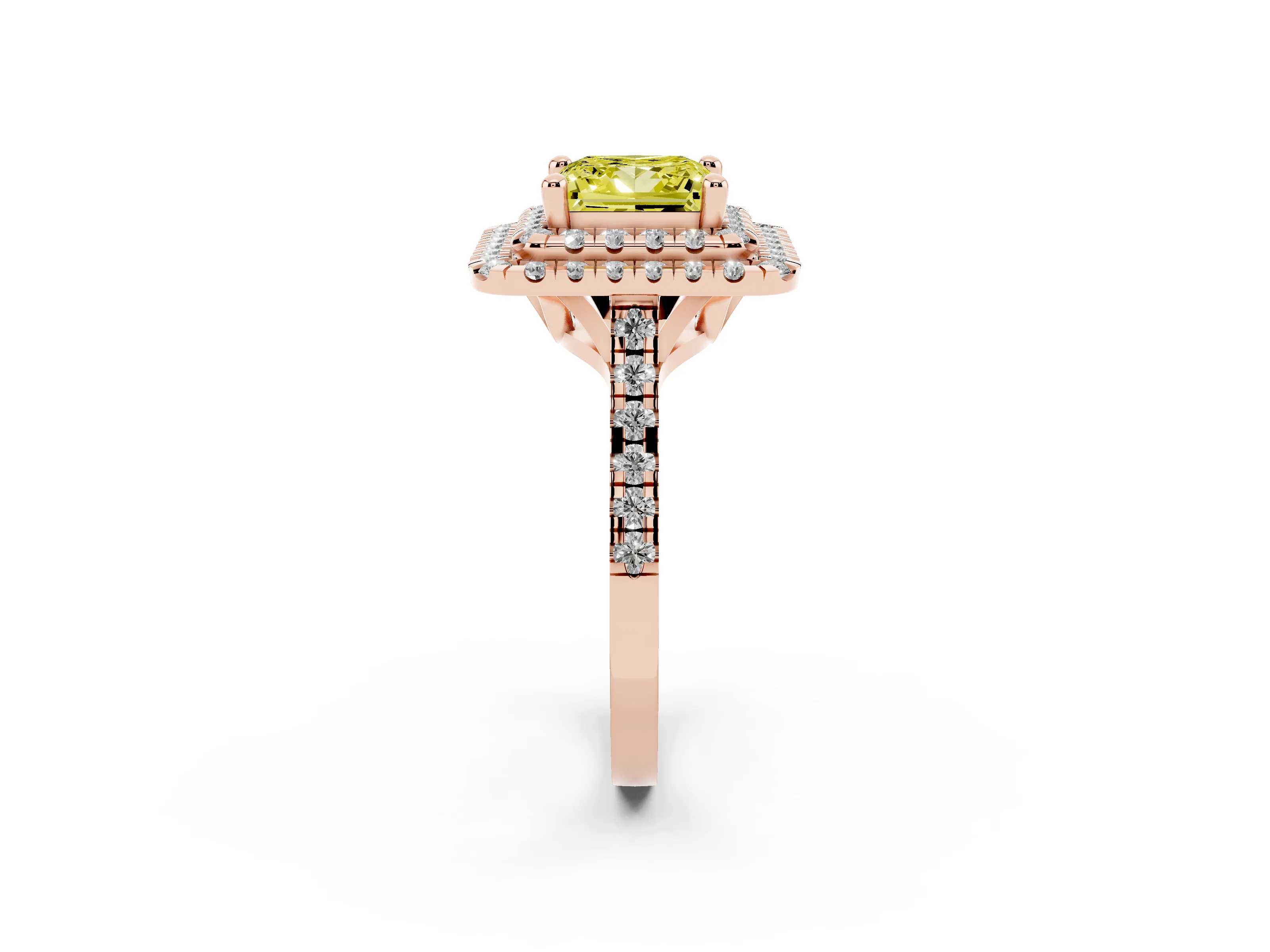 Fancy Yellow Princess Cut Diamond Double Halo Statement Ring Set in Rose gold with Pavé Band