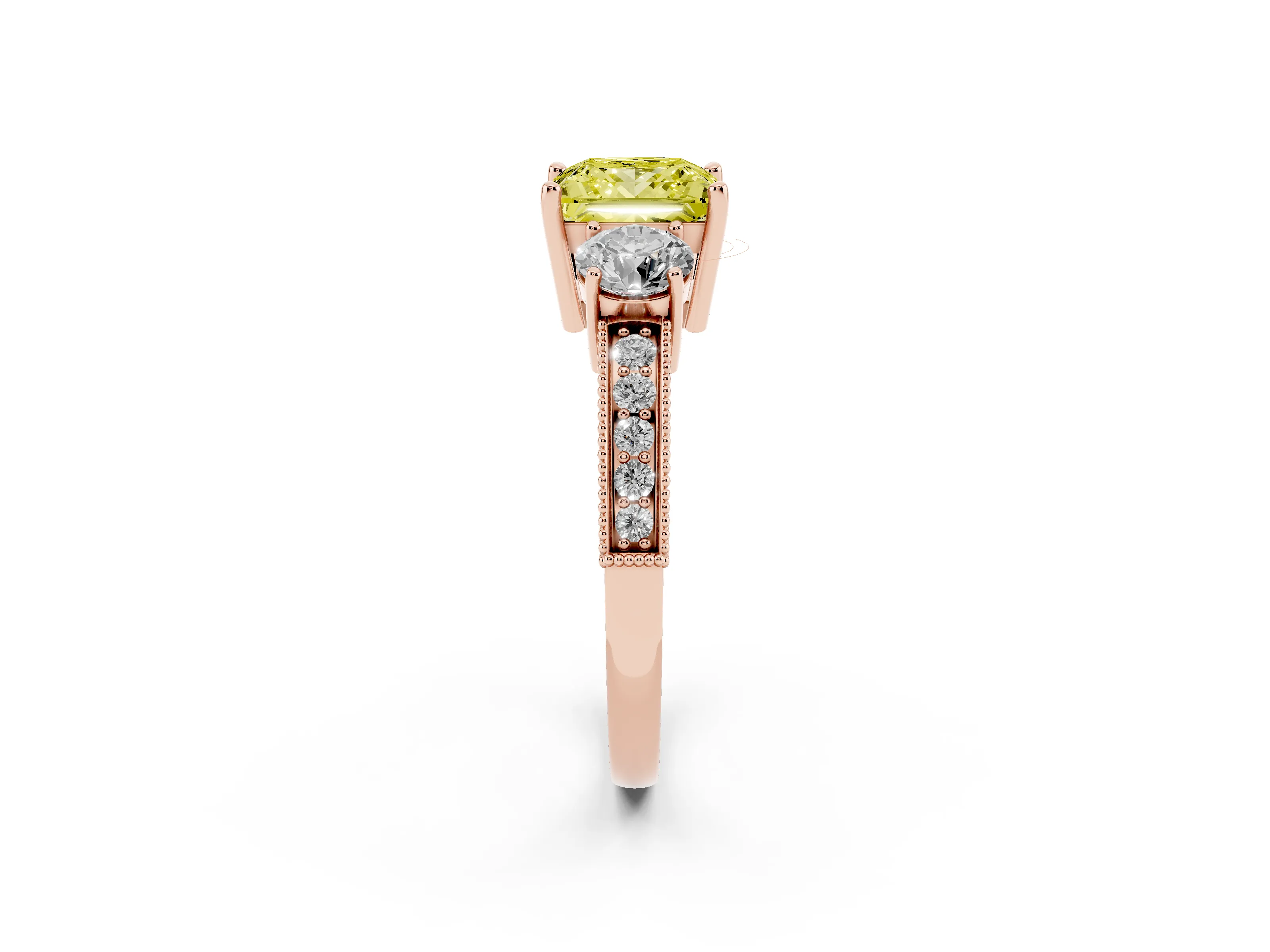 Fancy Yellow Princess Cut Diamond Three-Stone Ring Set in Rose gold with Round Side Stones and Pavé Band