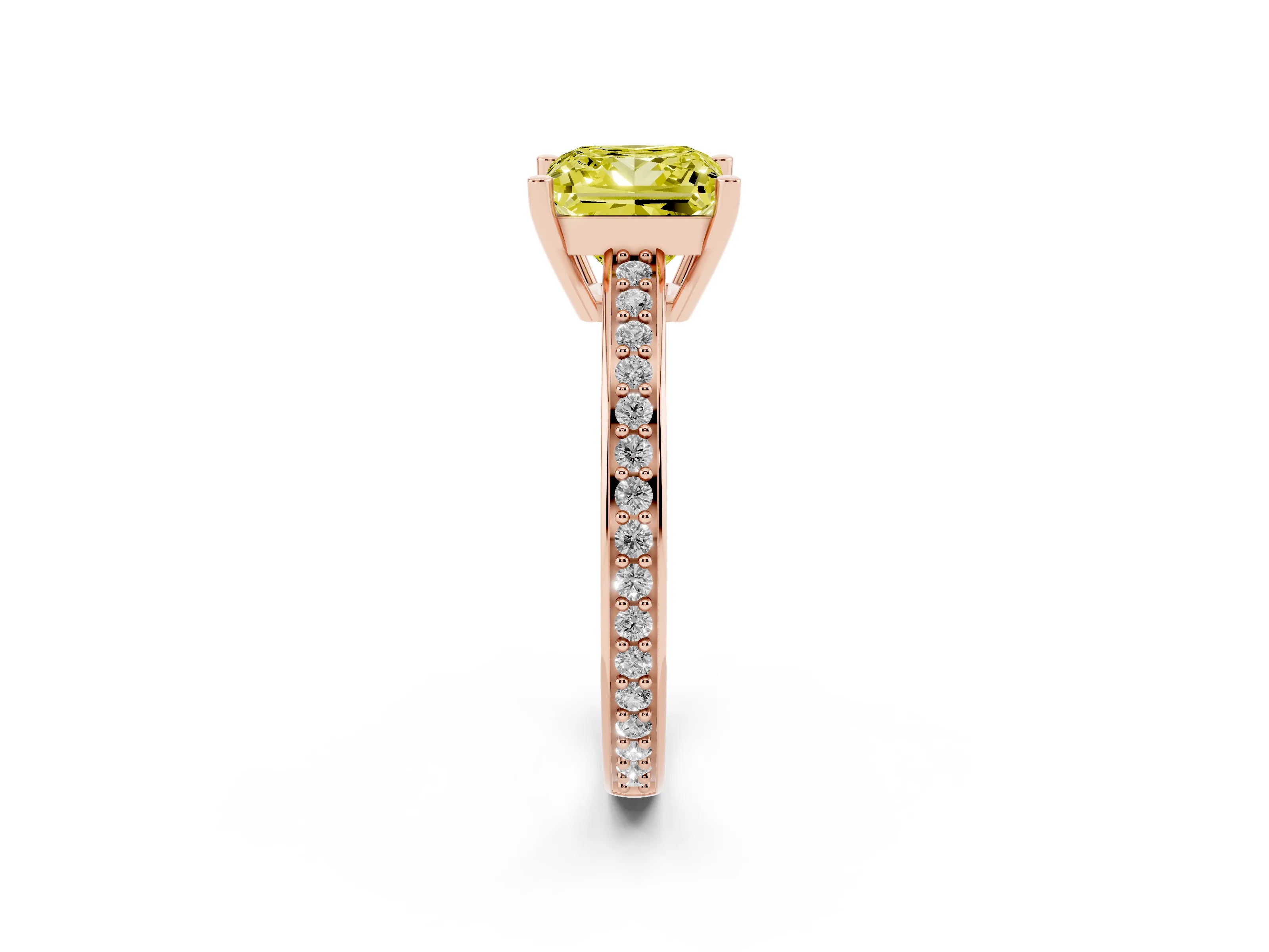 Fancy Yellow Princess Cut Diamond Pavé Band Prong Set Solitaire Ring Set in Rose gold