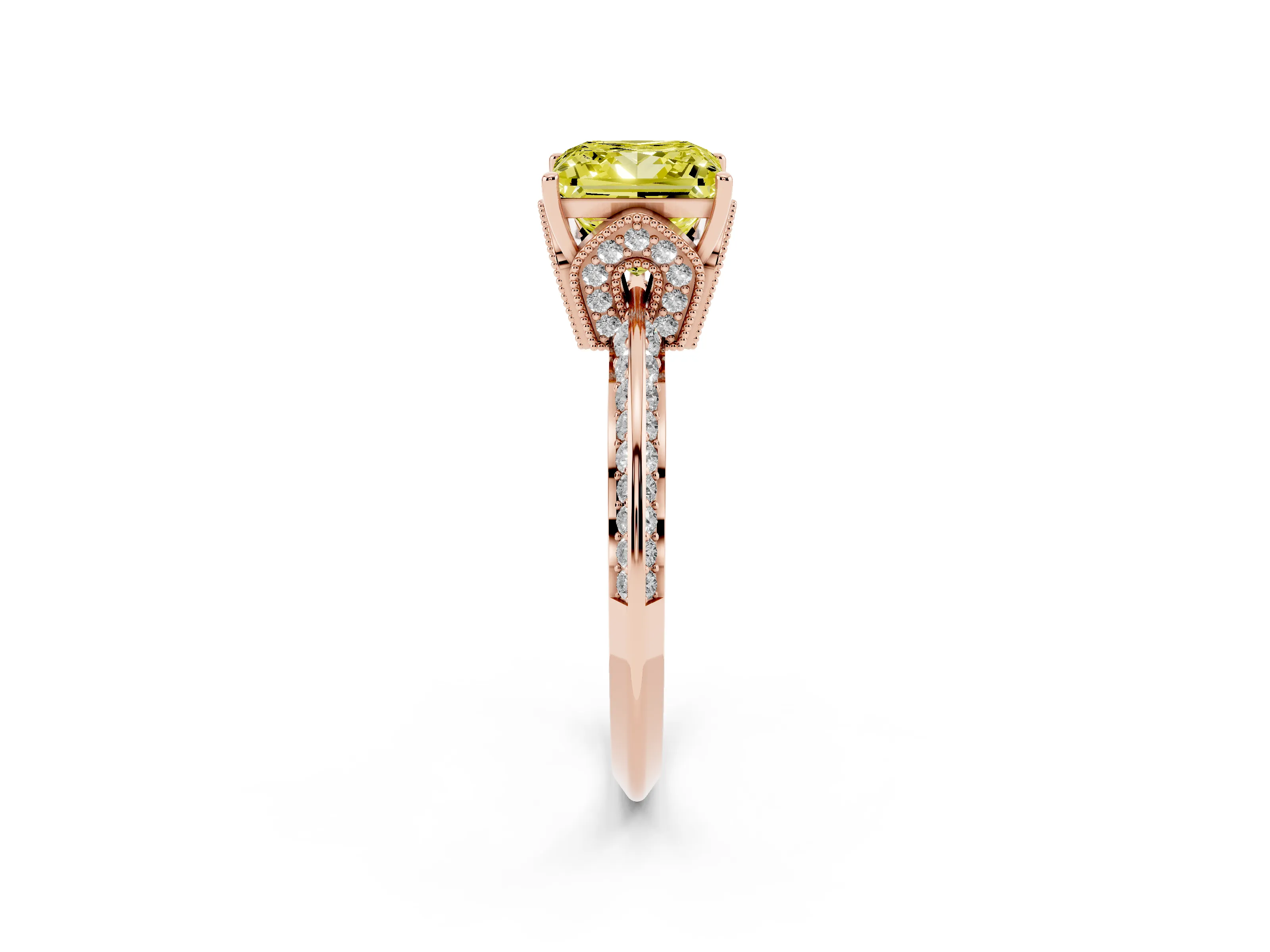 Fancy Yellow Princess Cut Diamond Solitaire Engagement Ring Set in Rose gold with Pavé Split Shank and Prong Setting