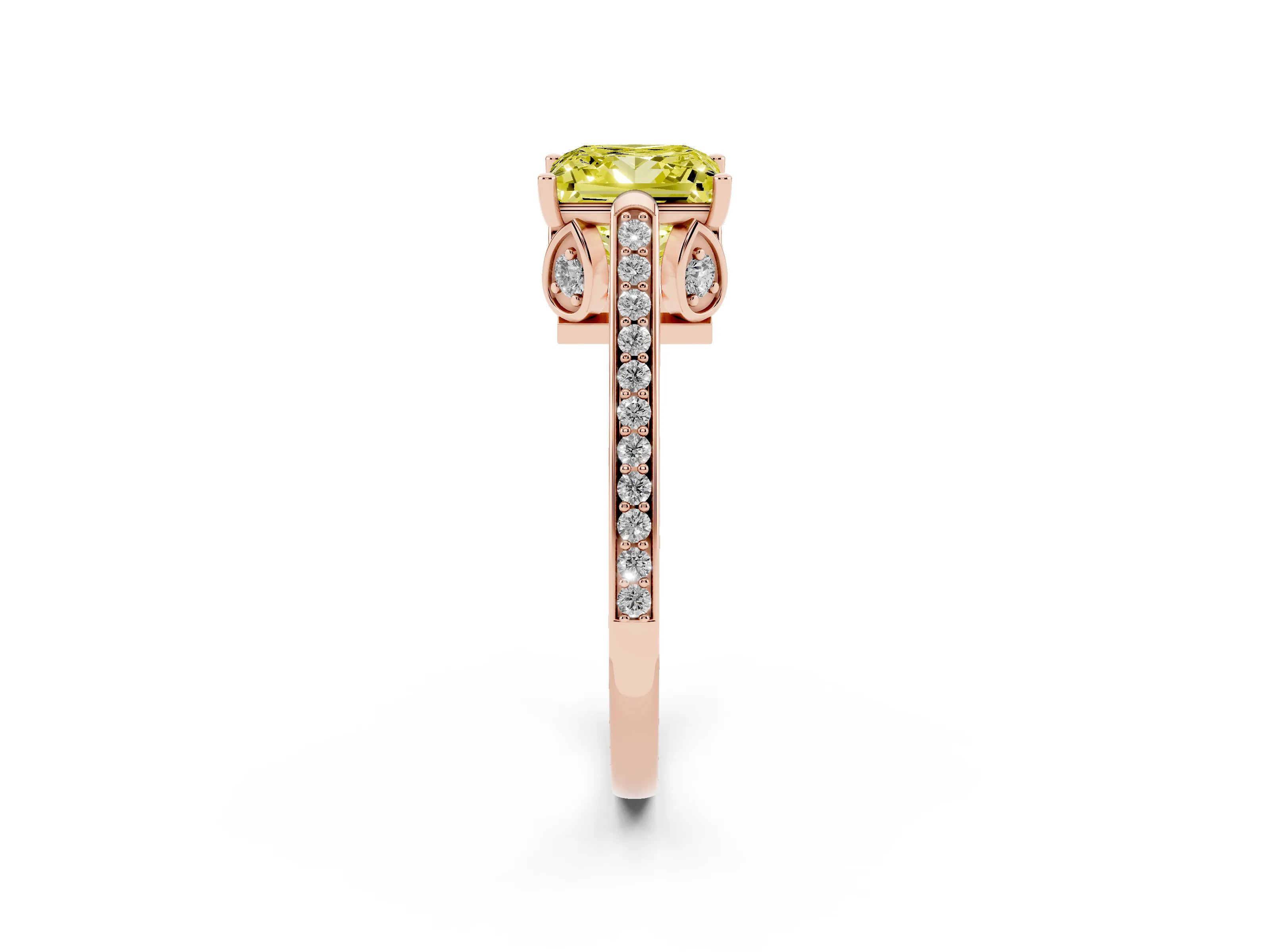 Fancy Yellow Princess Cut Diamond Cathedral Pavé Engagement Ring Set in Rose gold with Prong Setting
