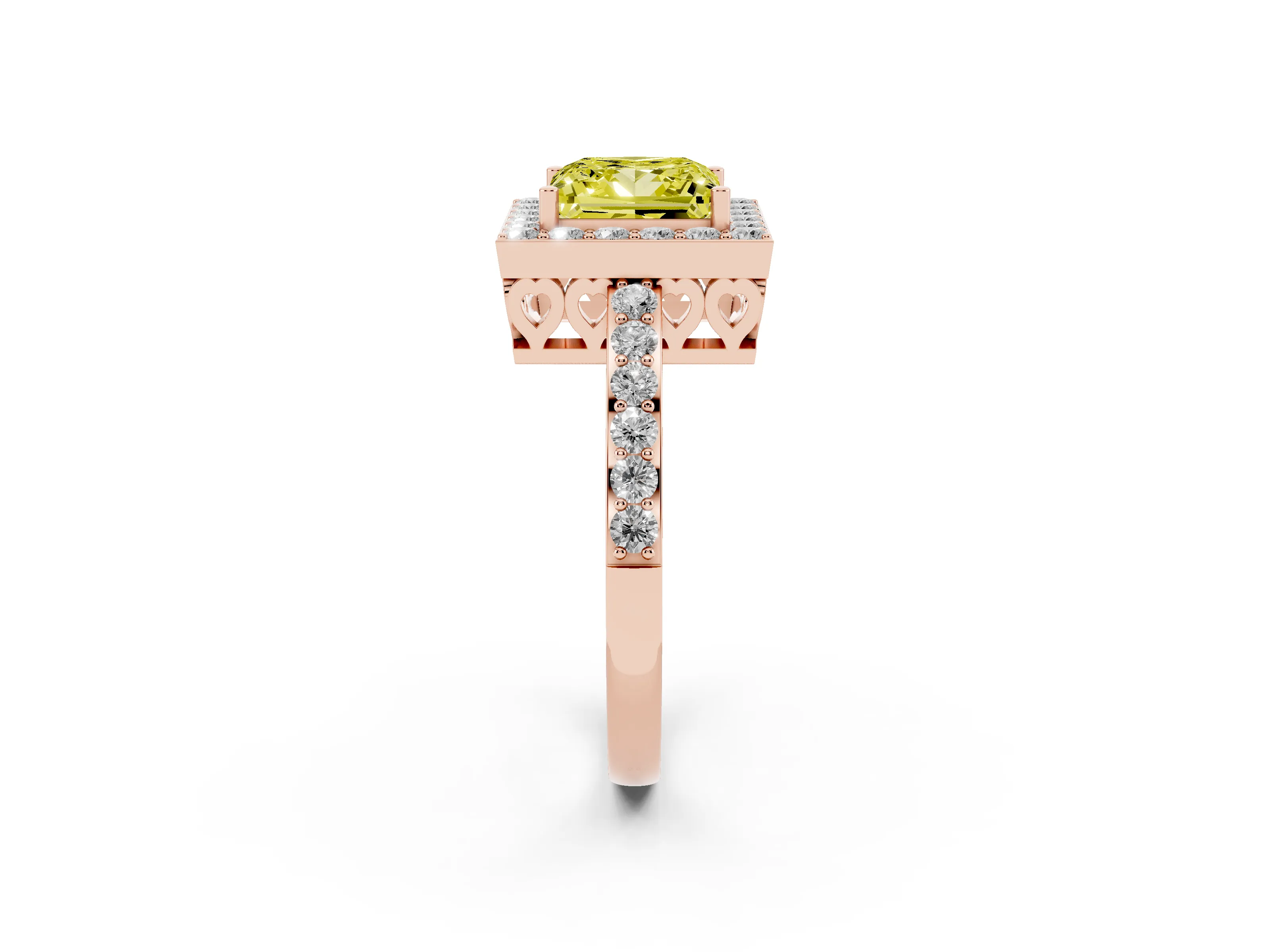 Fancy Yellow Princess Cut Diamond Halo Ring Set in Rose gold with Pavé-Setting Band and Open Prong Center