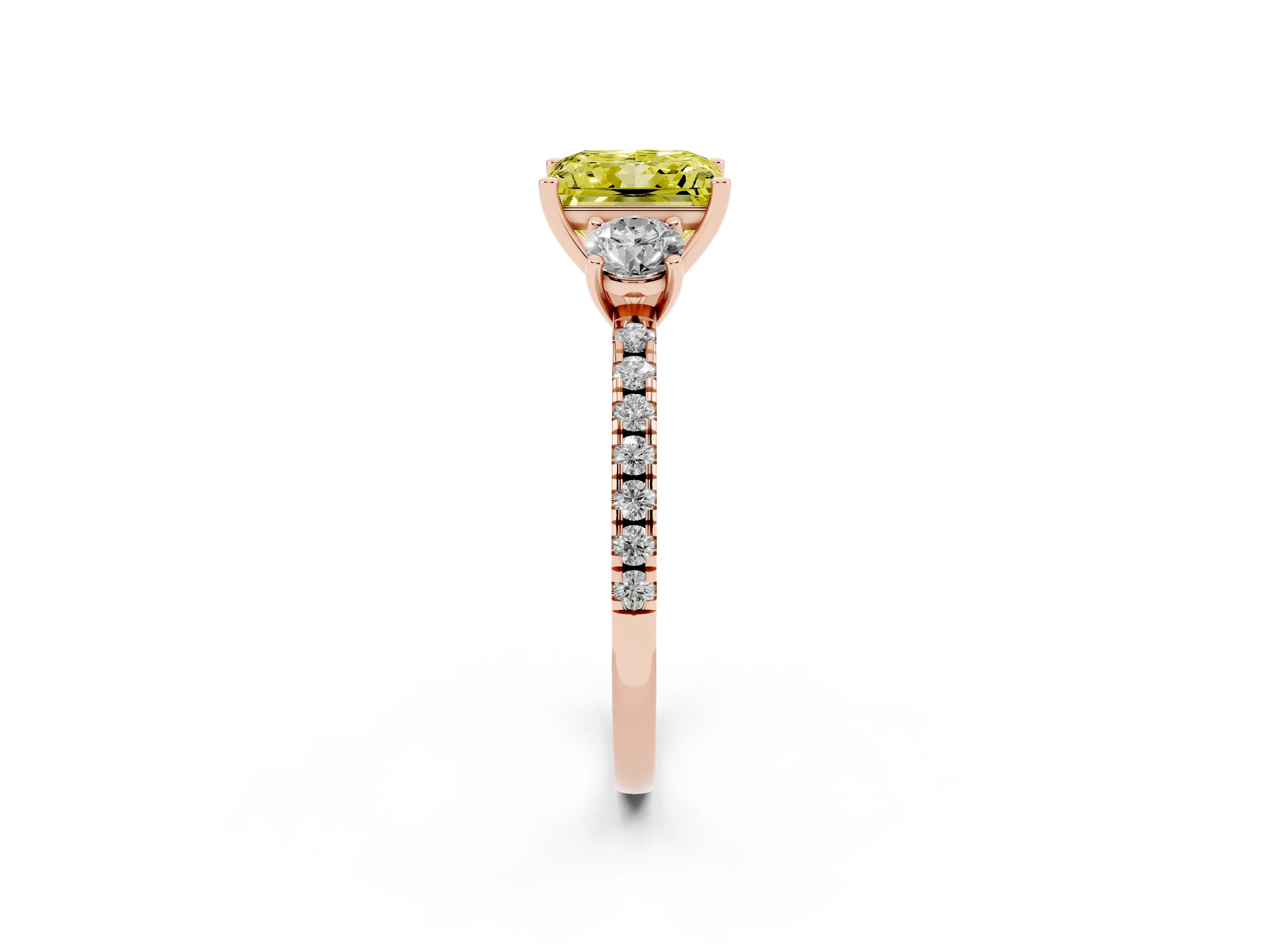 Fancy Yellow Princess Cut Diamond Three-Stone Ring Set in Rose gold with Pavé Band and Graduated Sides