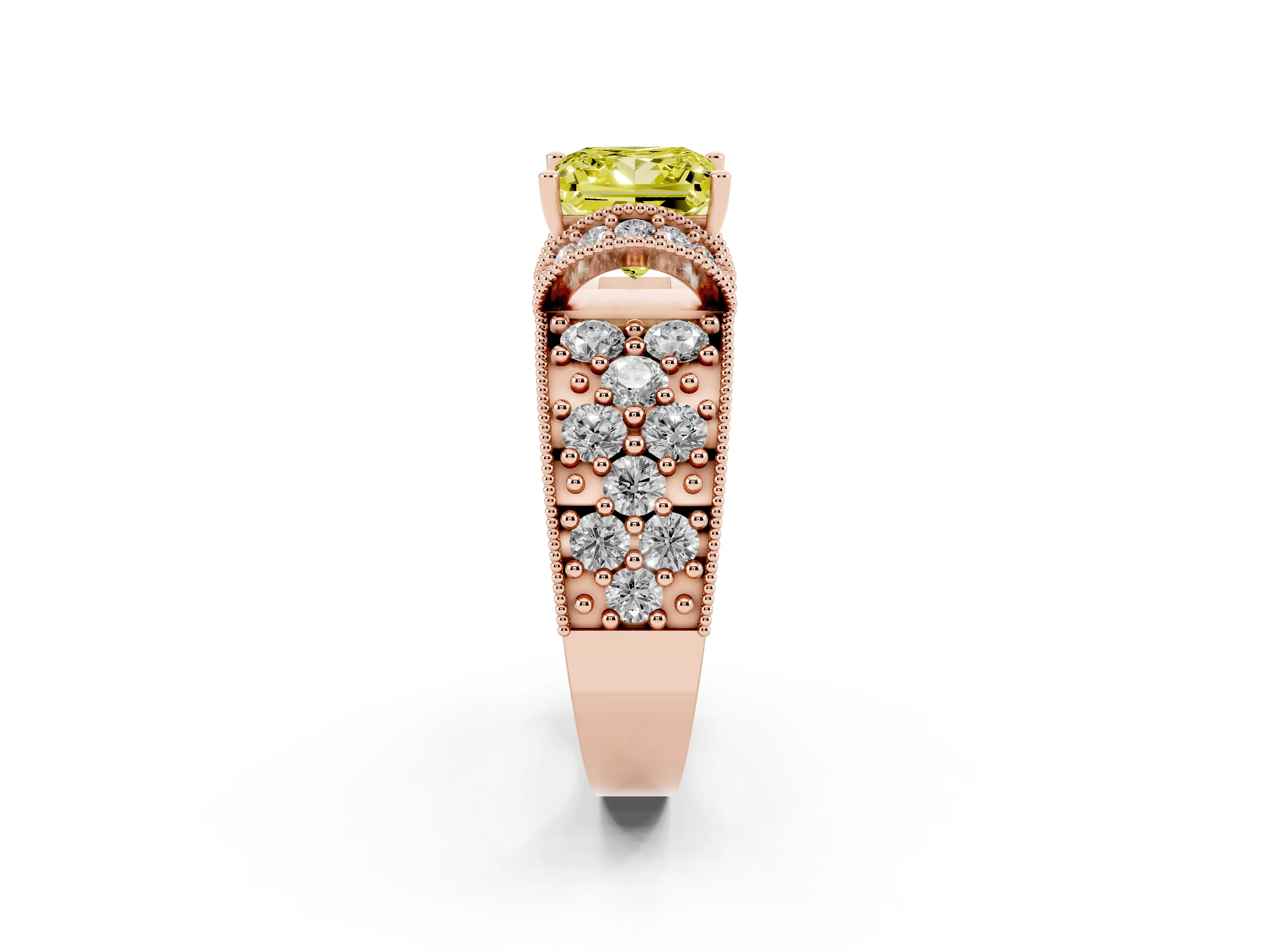 Fancy Yellow Princess Cut Diamond Milgrain Halo Pavé Engagement Ring Set in Rose gold with Prong Setting
