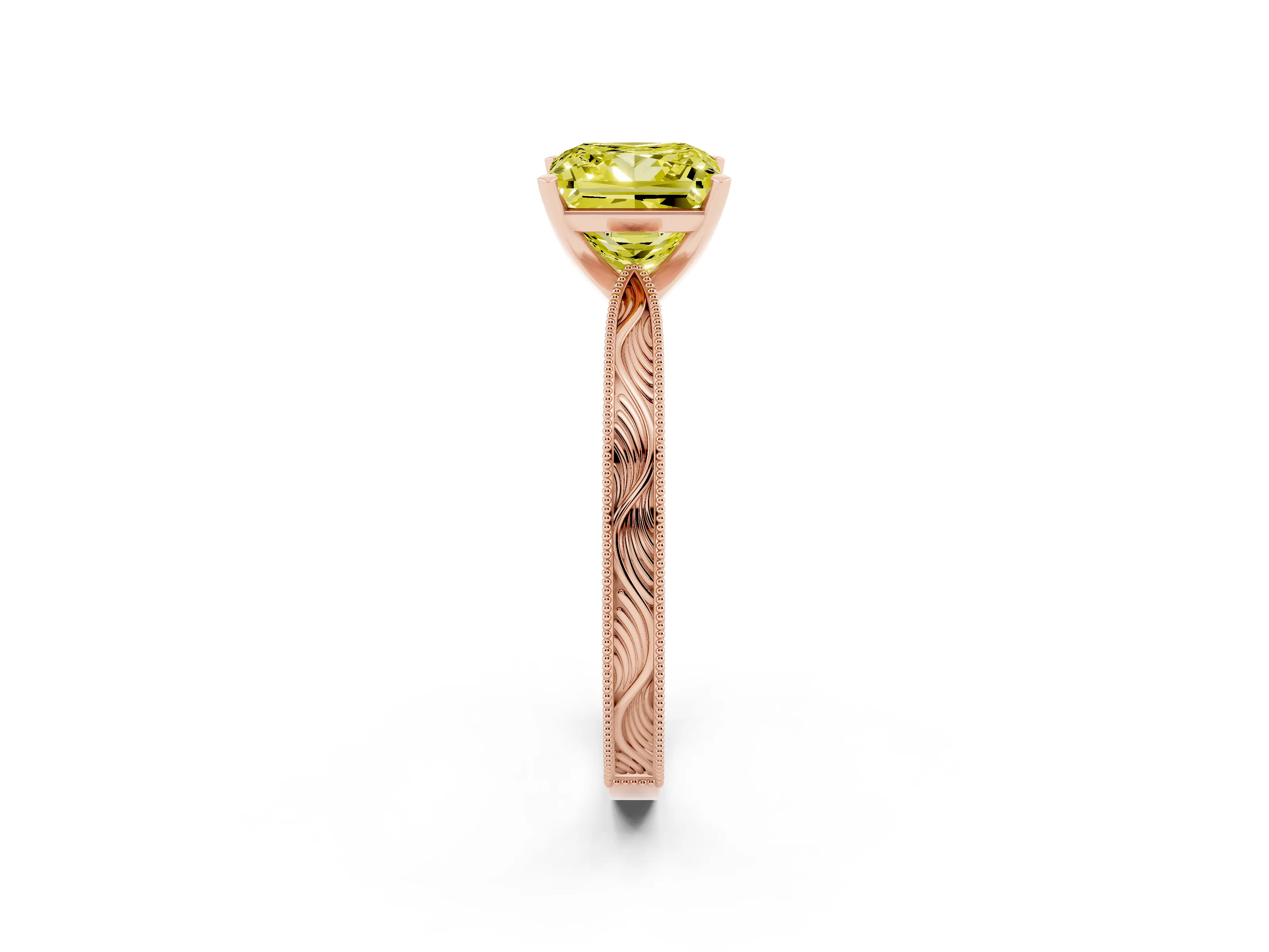 Fancy Yellow Princess Cut Diamond Solitaire Milgrain Engraved Band Set in Rose gold with Prong Setting