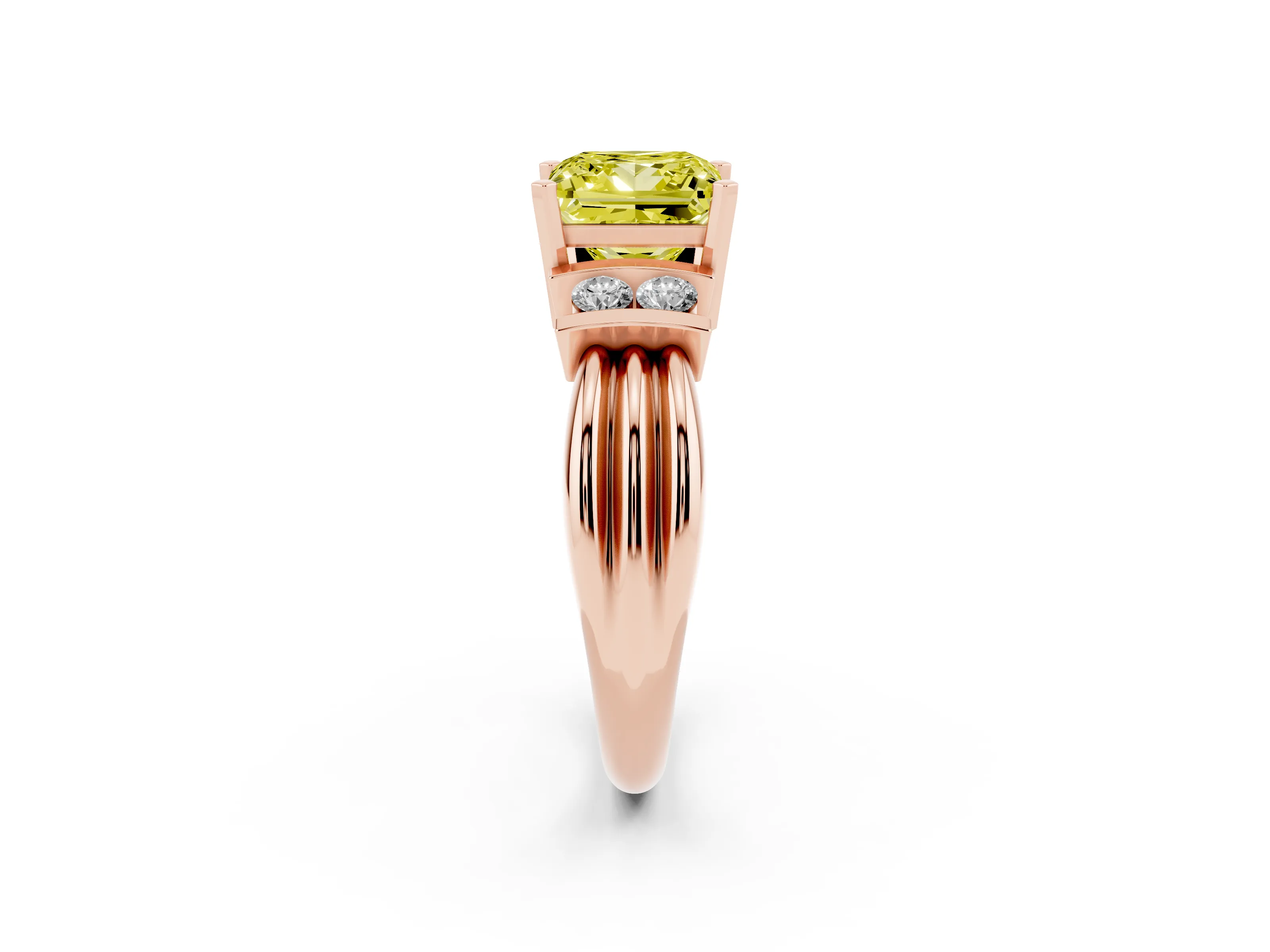 Fancy Yellow Three-Stone Princess Cut Diamond Channel Set Ring Set in Rose gold with Bar Prongs