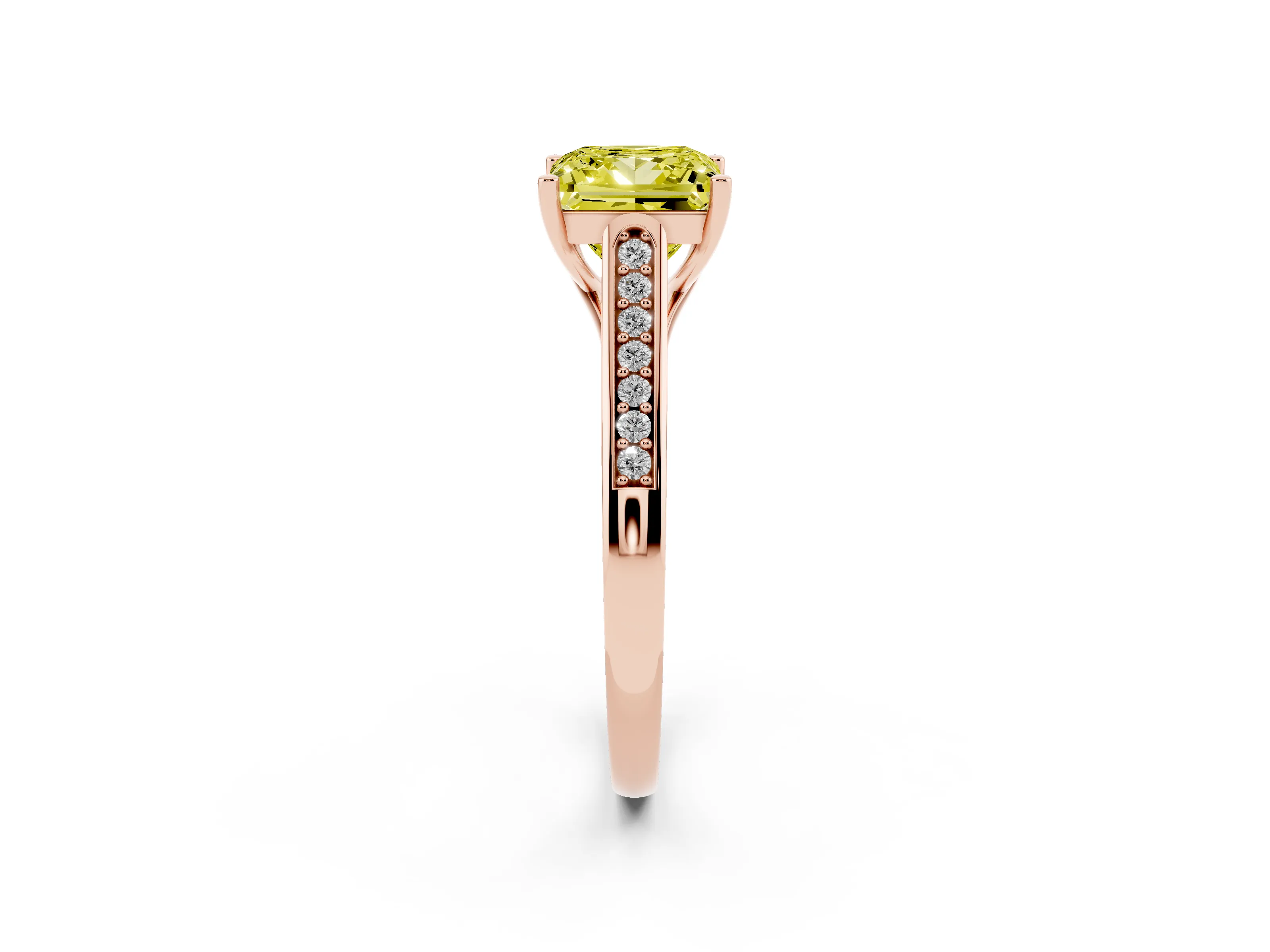 Fancy Yellow Princess Cut Diamond Solitaire Cathedral Engagement Ring Set in Rose gold with Channel-Set Band and Prong Setting