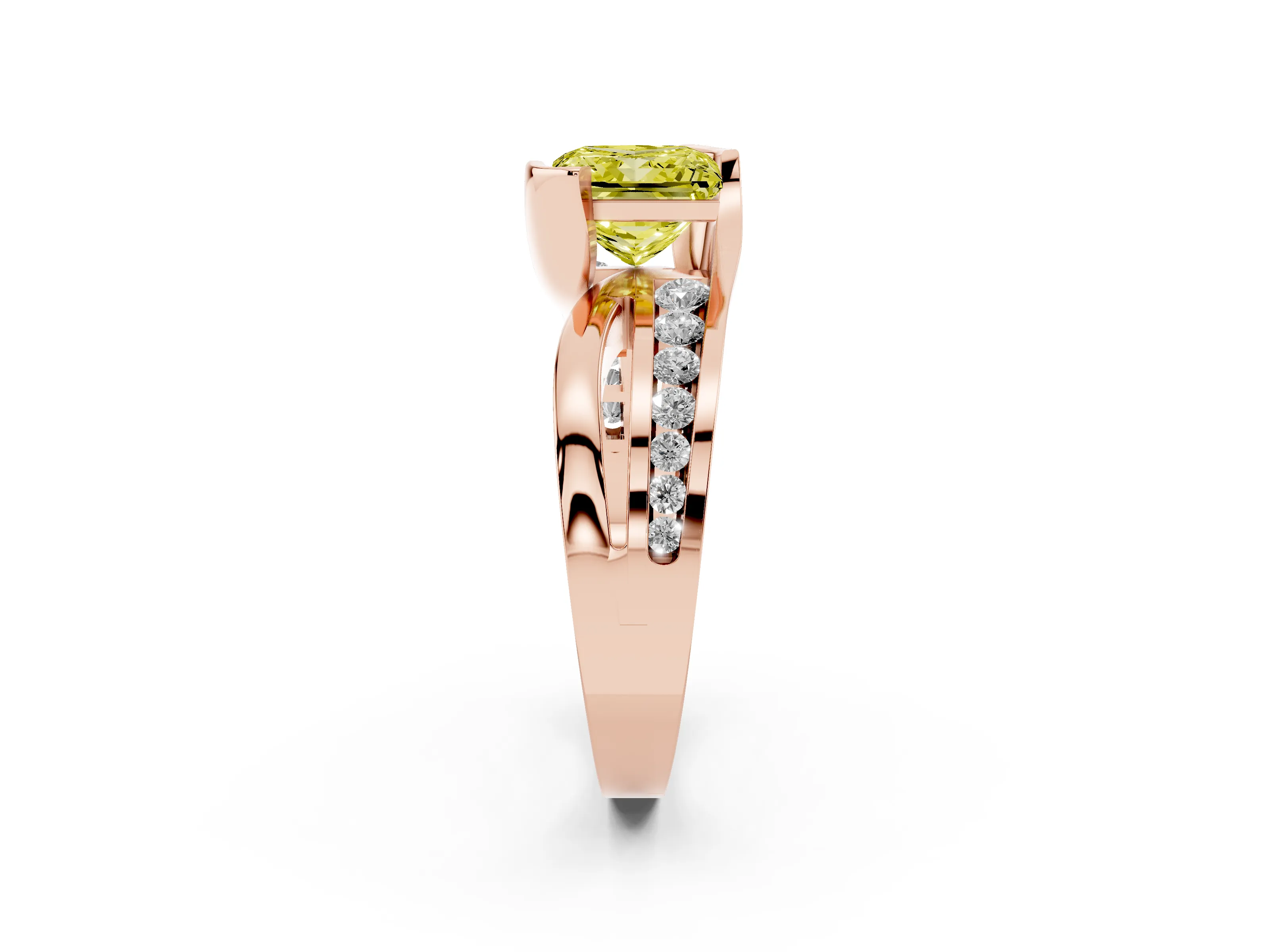 Fancy Yellow Princess Cut Diamond Solitaire Ring Set in Rose gold with Channel Set Split Shank and Tension Prongs