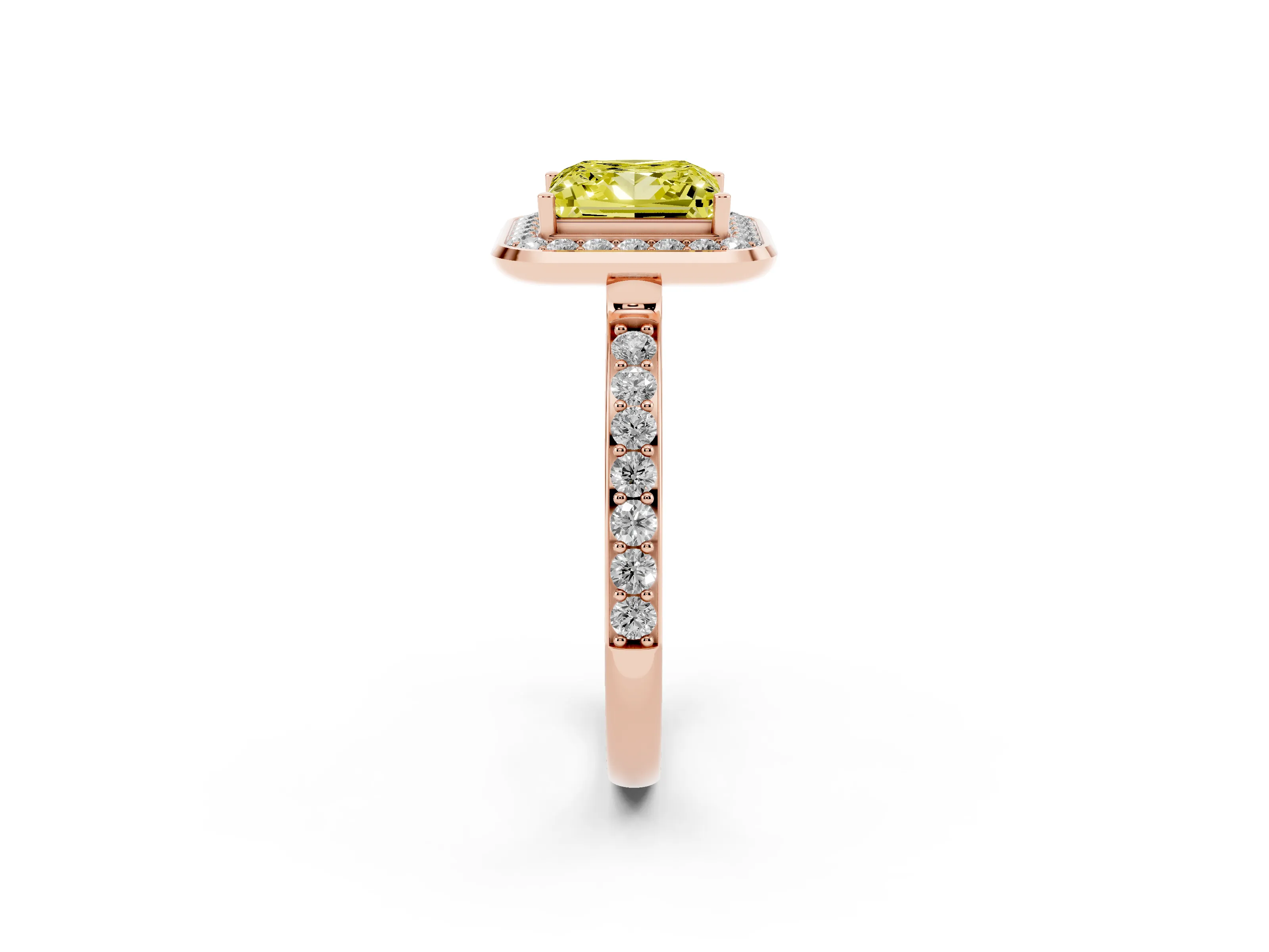 Fancy Yellow Princess Cut Diamond Halo Ring Set in Rose gold with Bezel Frame and Pavé Band