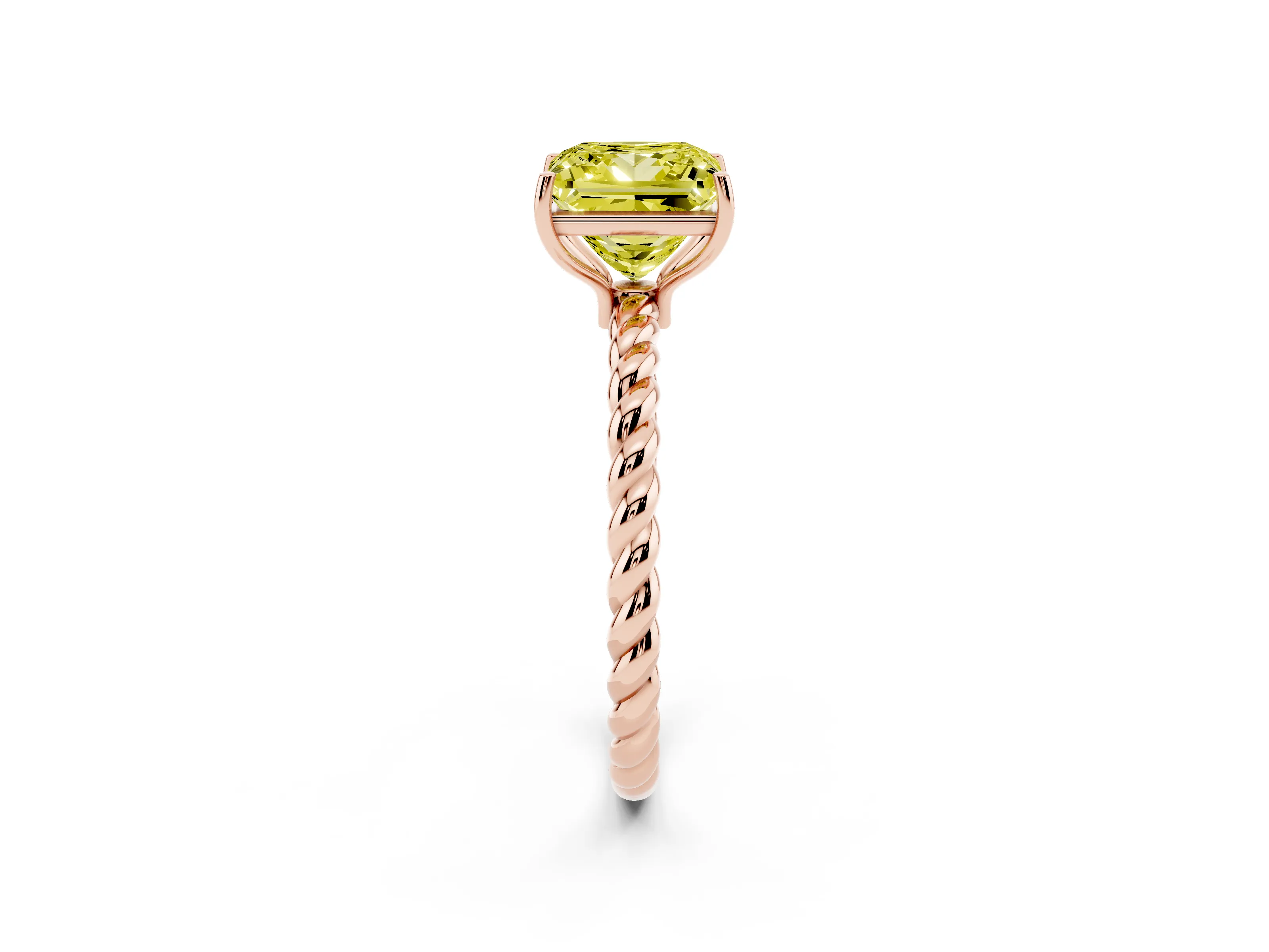 Fancy Yellow Princess Cut Diamond Solitaire Ring Set in Rose gold with Twist Band and Prong Setting