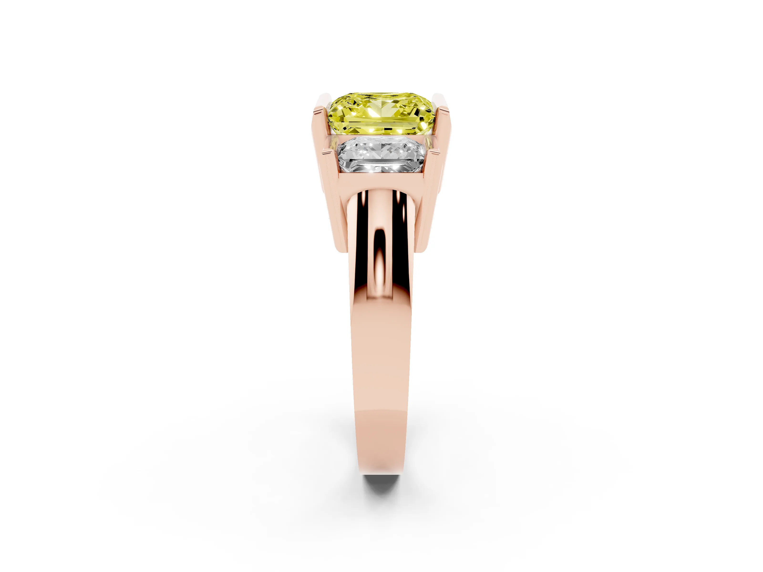 Fancy Yellow Princess Cut Diamond Three-Stone Channel Set Ring Set in Rose gold with Smooth Polished Band