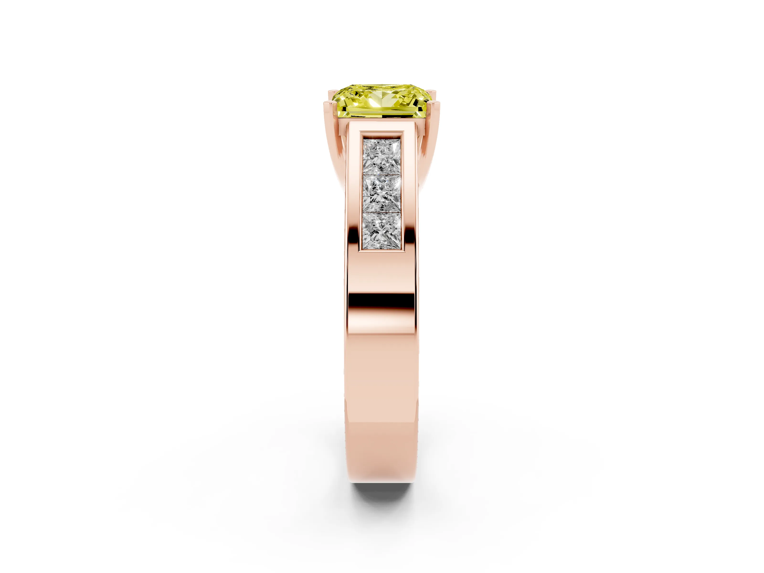 Fancy Yellow Princess Cut Diamond Solitaire Ring Set in Rose gold with Channel-Set Accent Stones and Prong Setting