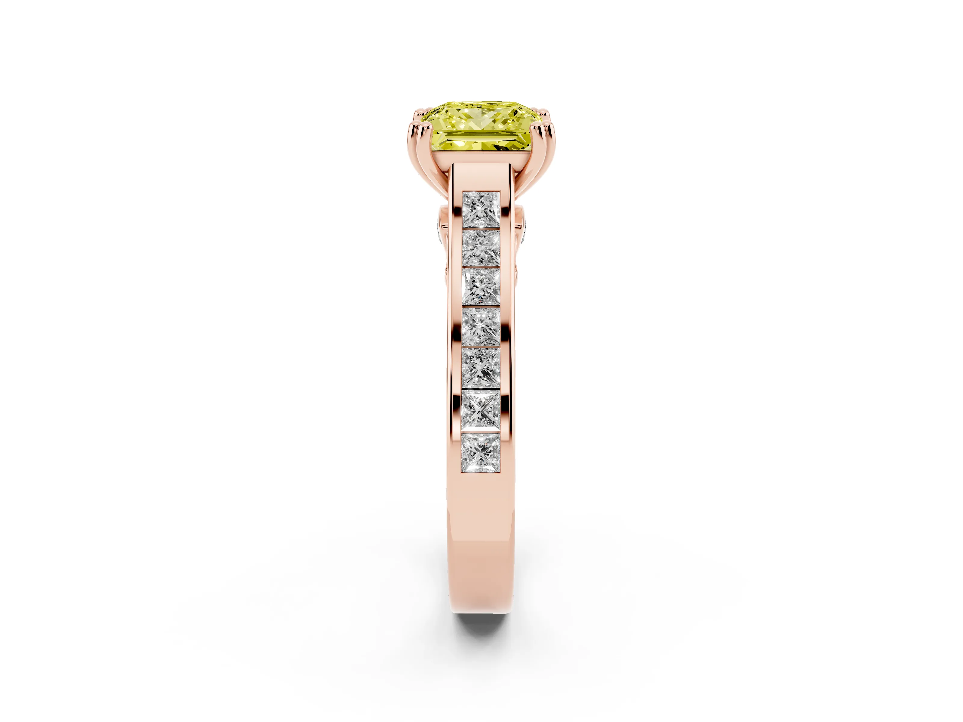 Fancy Yellow Princess Cut Diamond Channel Set Solitaire Engagement Ring Set in Rose gold with Prong Setting