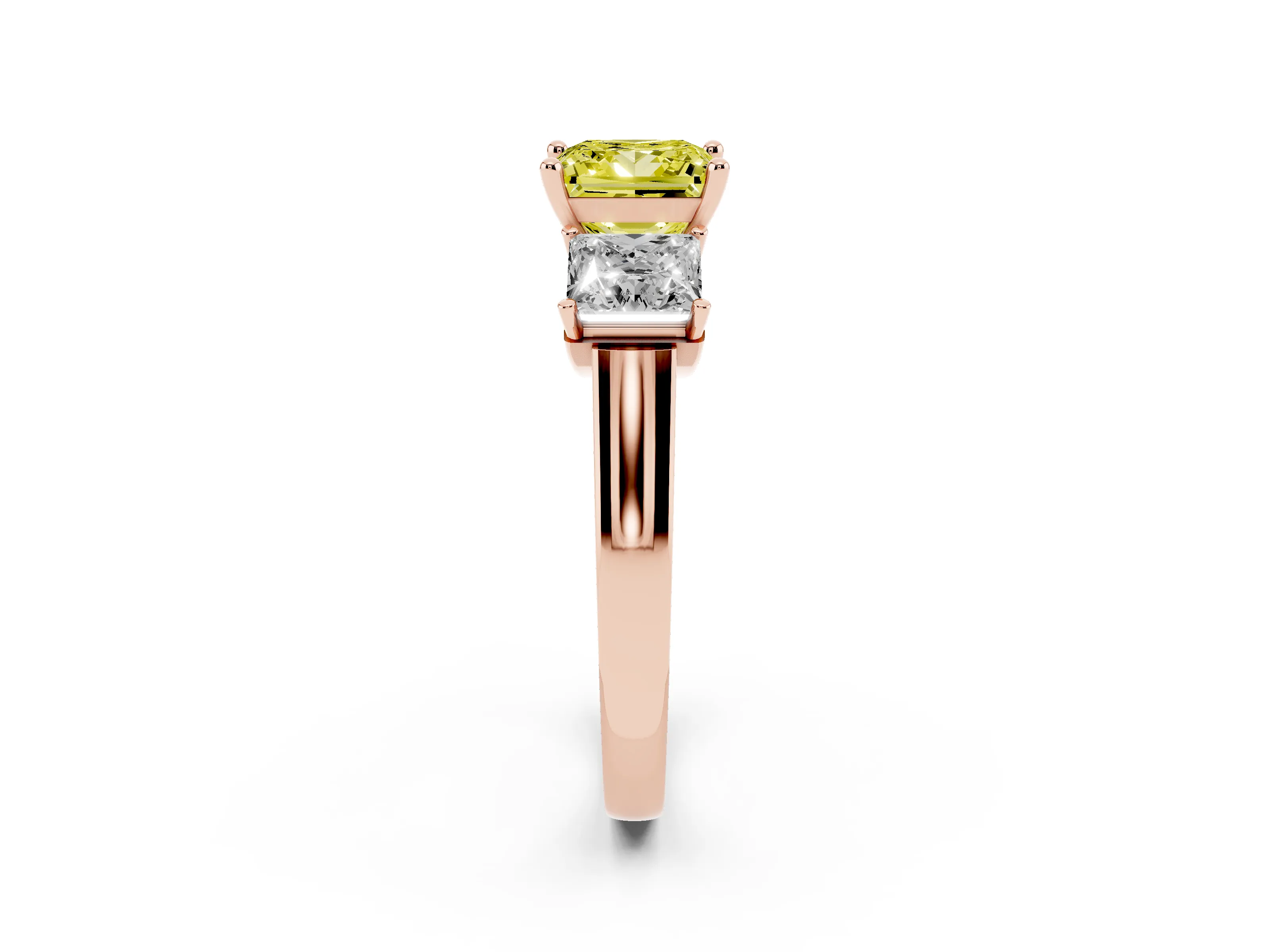 Fancy Yellow Princess Cut Diamond Three-Stone Trellis Ring Set in Rose gold with Comfort Fit Band