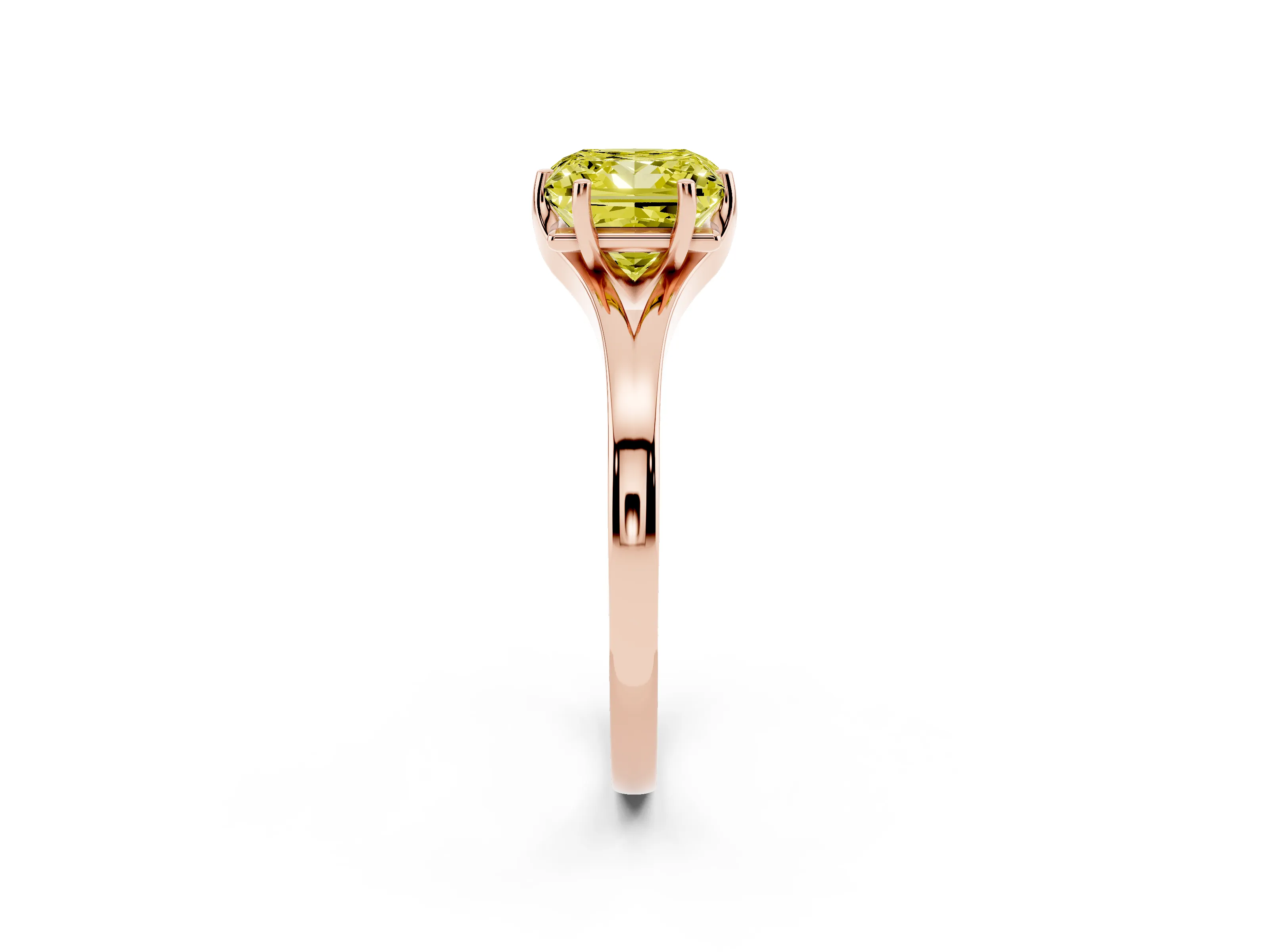 Fancy Yellow Princess Cut Diamond Solitaire Ring Set in Rose gold with Polished Tapered Band and Prong Setting