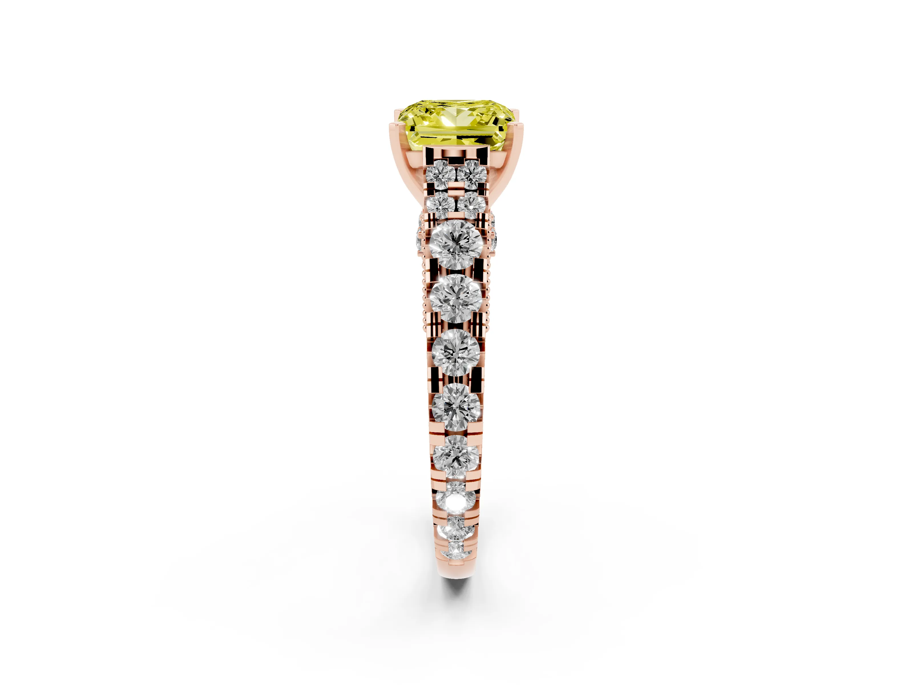 Fancy Yellow Princess Cut Diamond Classic Solitaire Ring Set in Rose gold with Pavé Band and Prong Setting