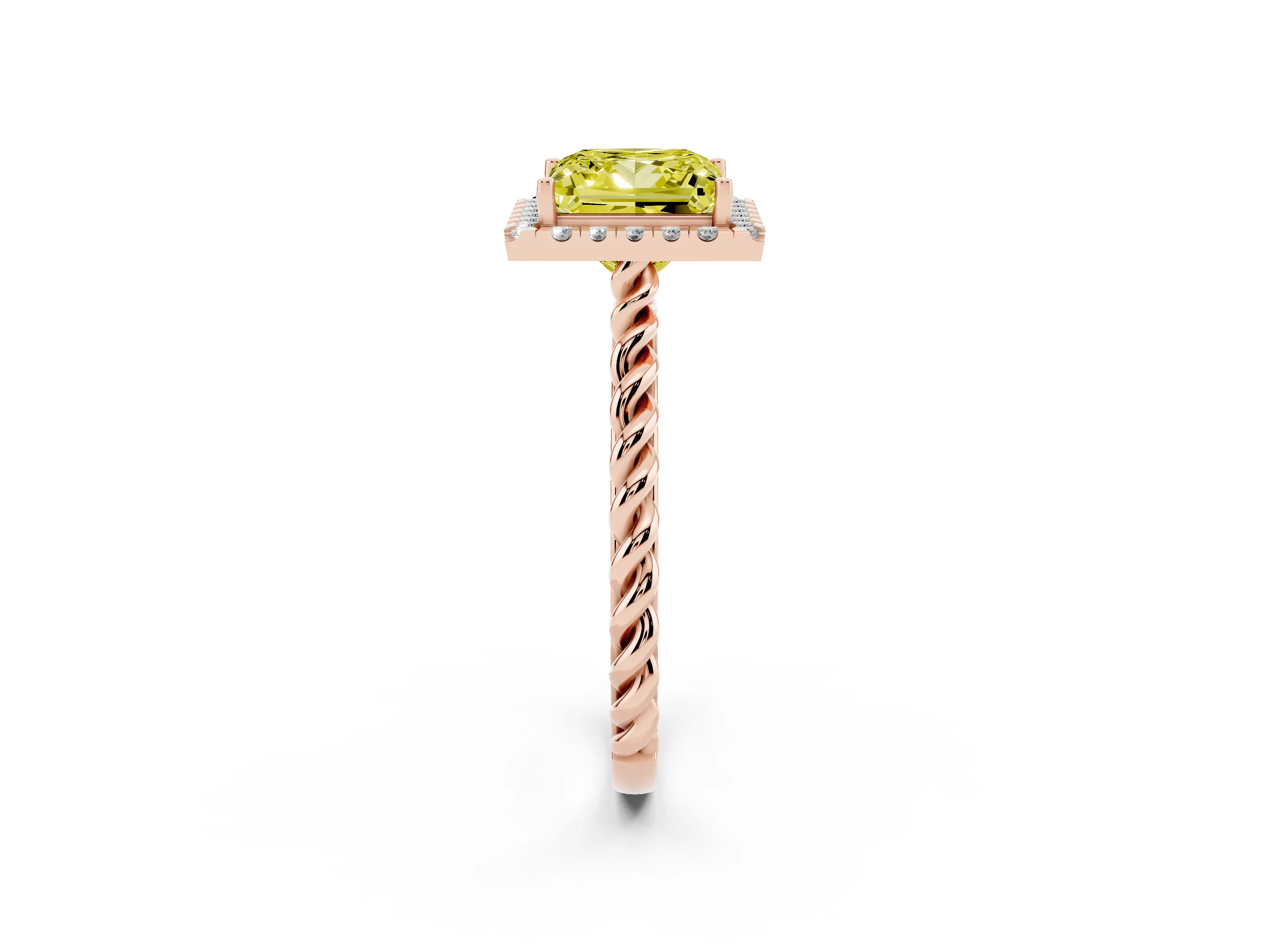 Fancy Yellow Princess Cut Diamond Halo Ring Set in Rose gold with Plain Twisted Band