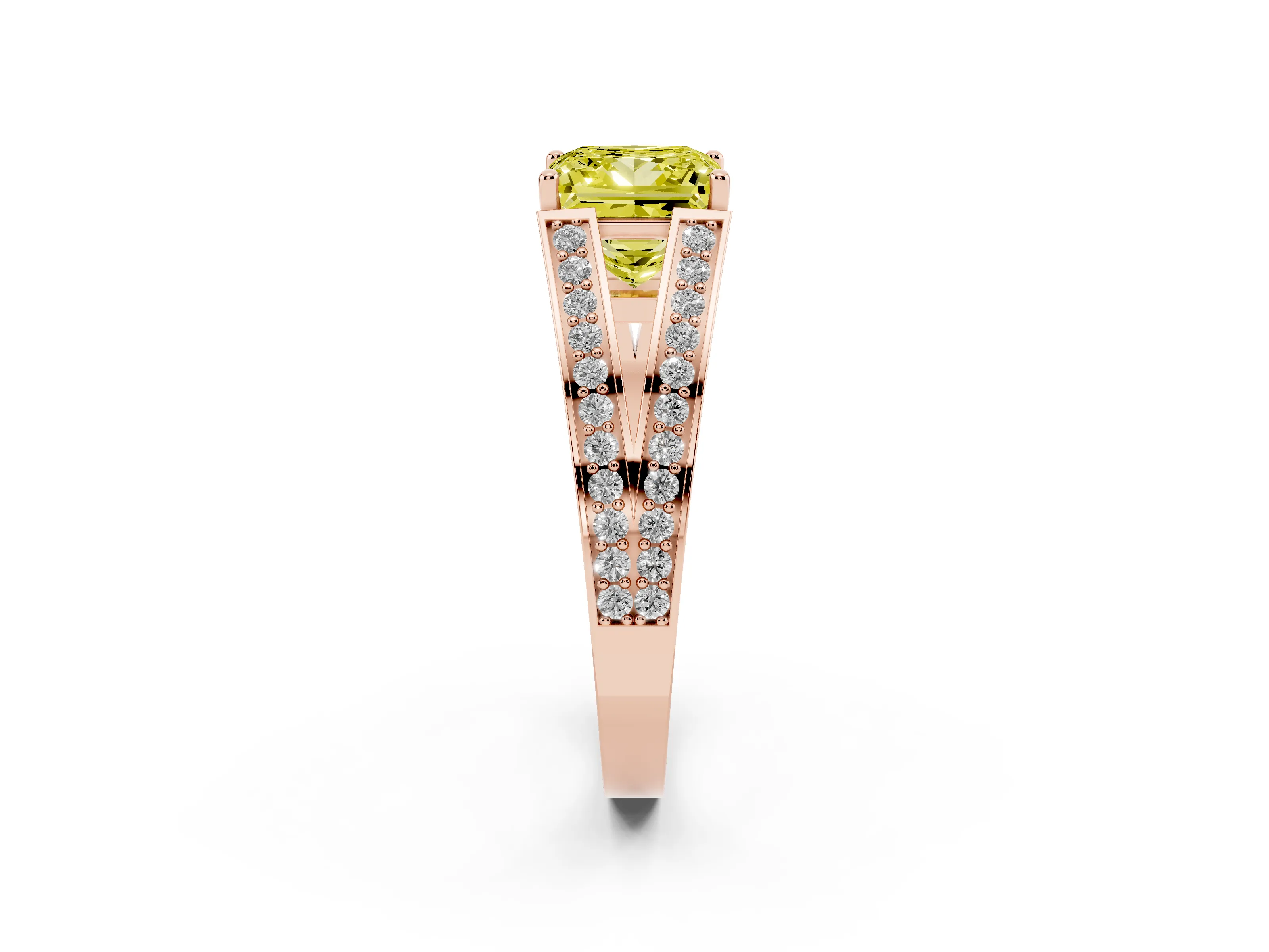 Fancy Yellow Princess Cut Diamond Split Shank Ring Set in Rose gold with Pavé Band and Prong Setting