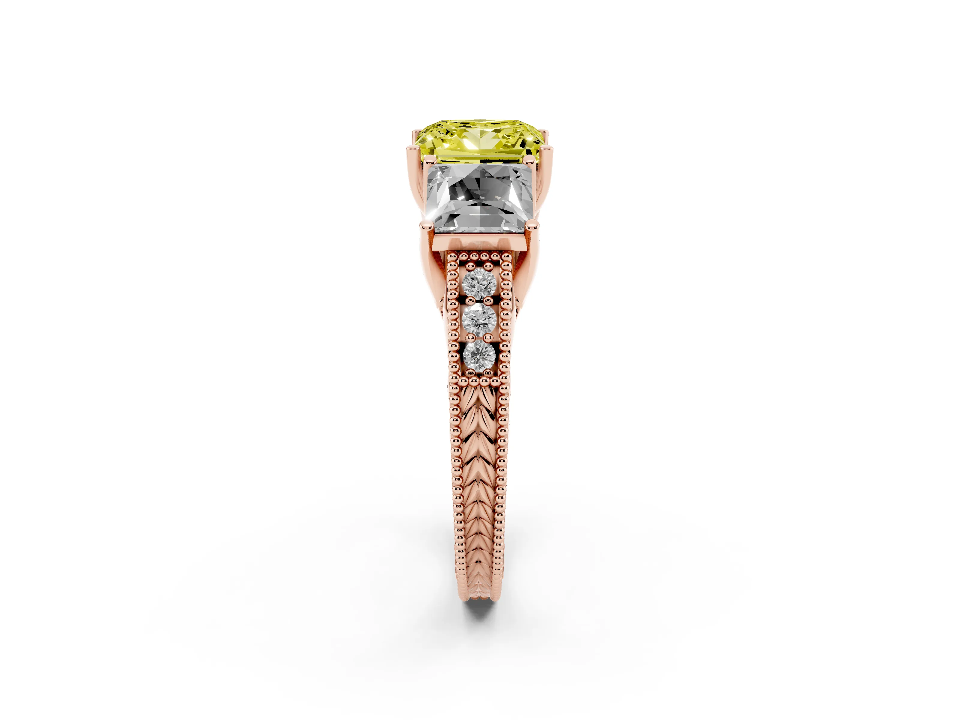Fancy Yellow Princess Cut Diamond Three-Stone Engagement Ring Set in Rose gold with Milgrain Pavé Band