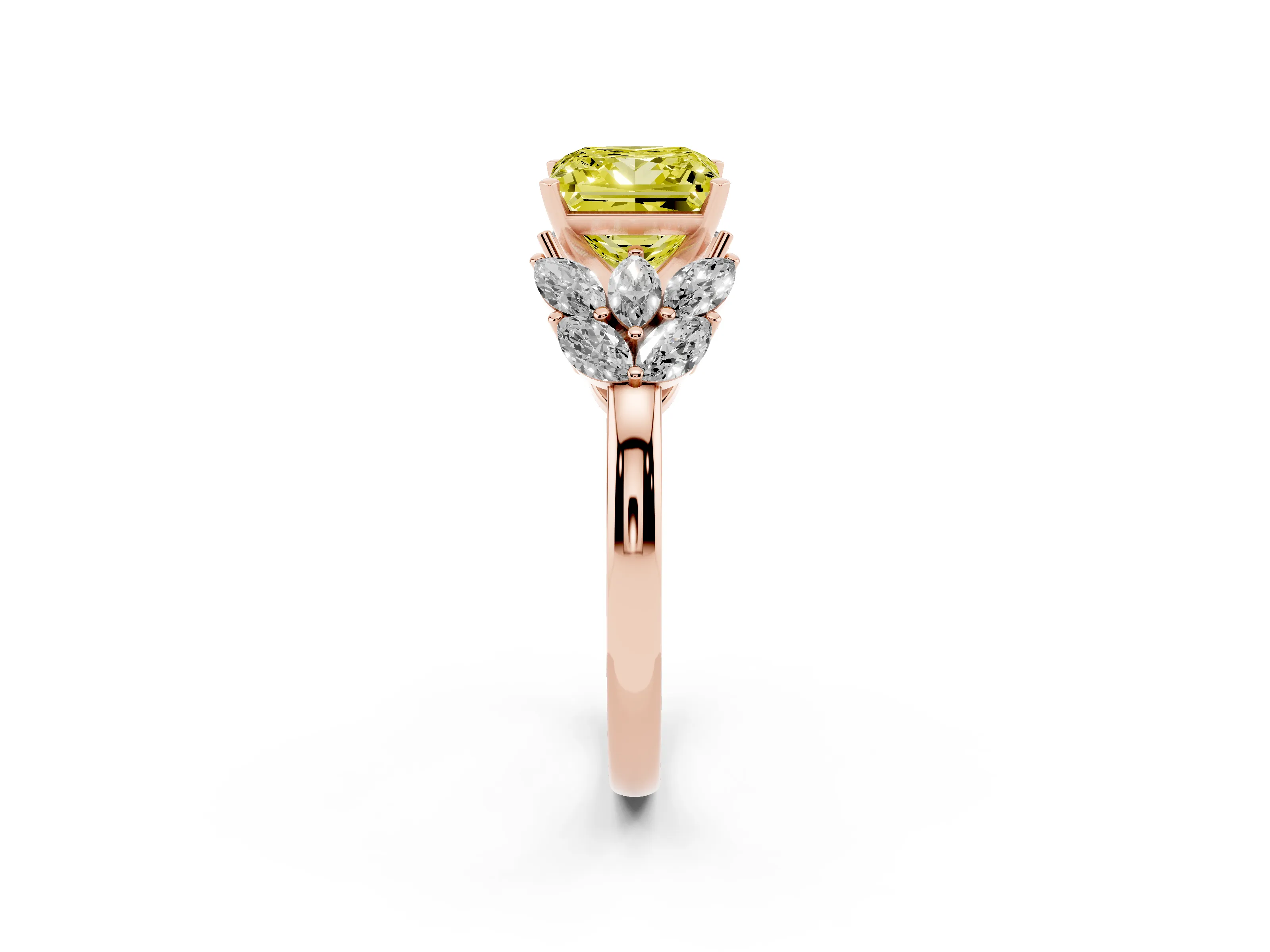 Fancy Yellow Princess Cut Diamond Cluster Leaf Design Ring Set in Rose gold with Prong Setting