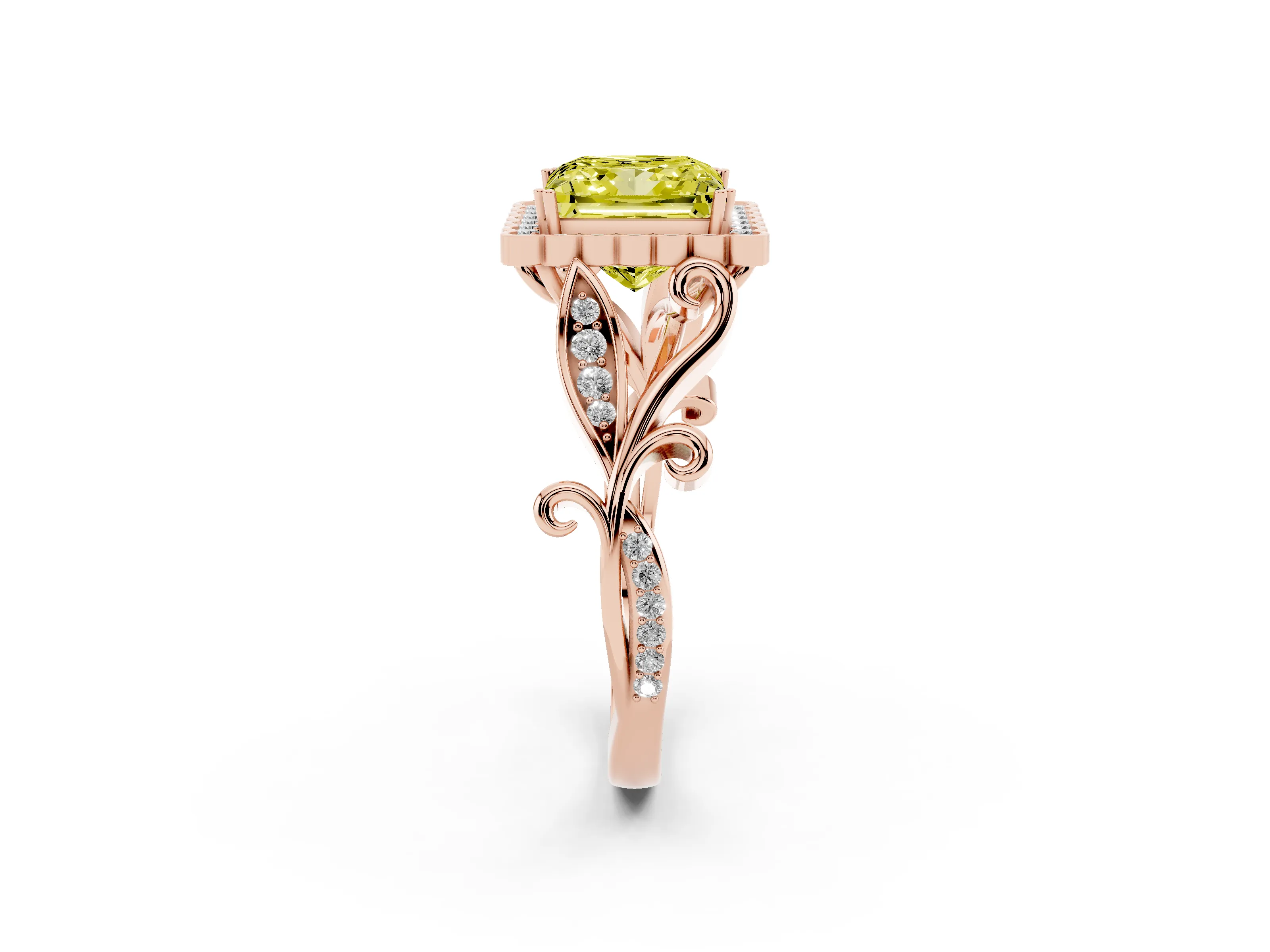 Fancy Yellow Princess Cut Diamond Halo Ring Set in Rose gold with Leaf Motif Split Shank and Prong Setting