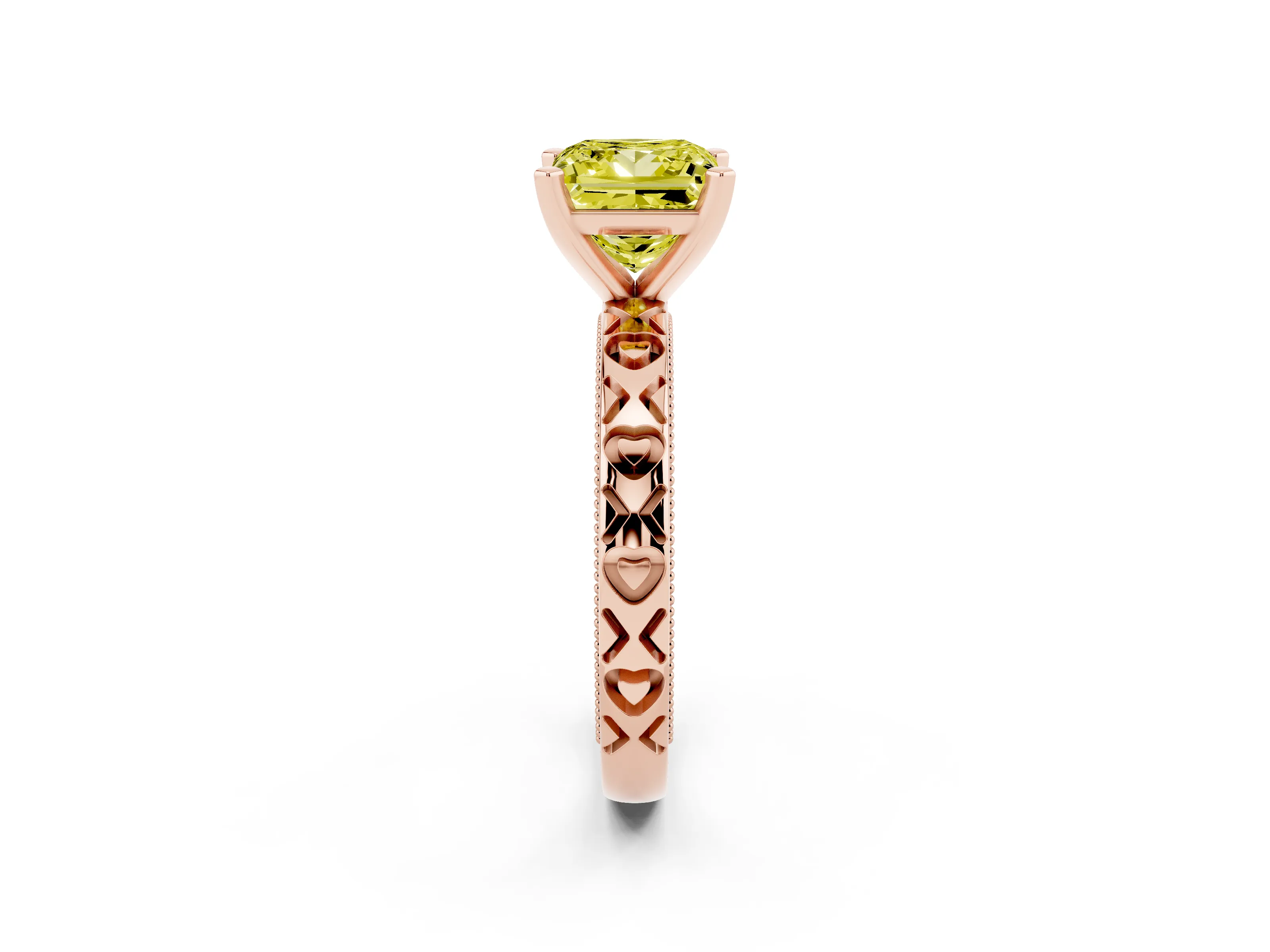 Fancy Yellow Princess Cut Diamond Solitaire Engagement Ring Set in Rose gold with XO Engraved Band and Prong Setting