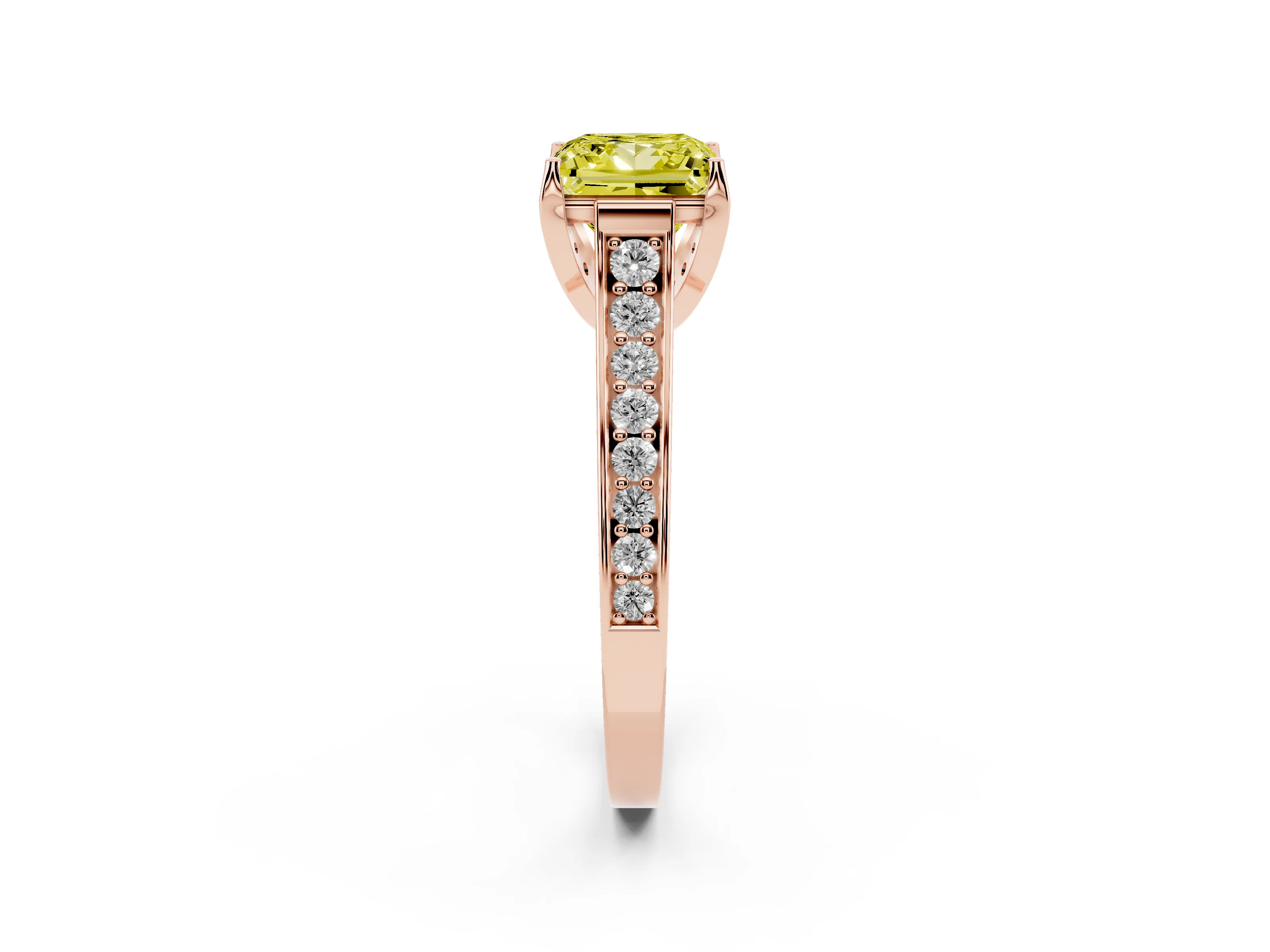 Fancy Yellow Princess Cut Diamond Solitaire Pavé Engagement Ring Set in Rose gold with Prong Setting