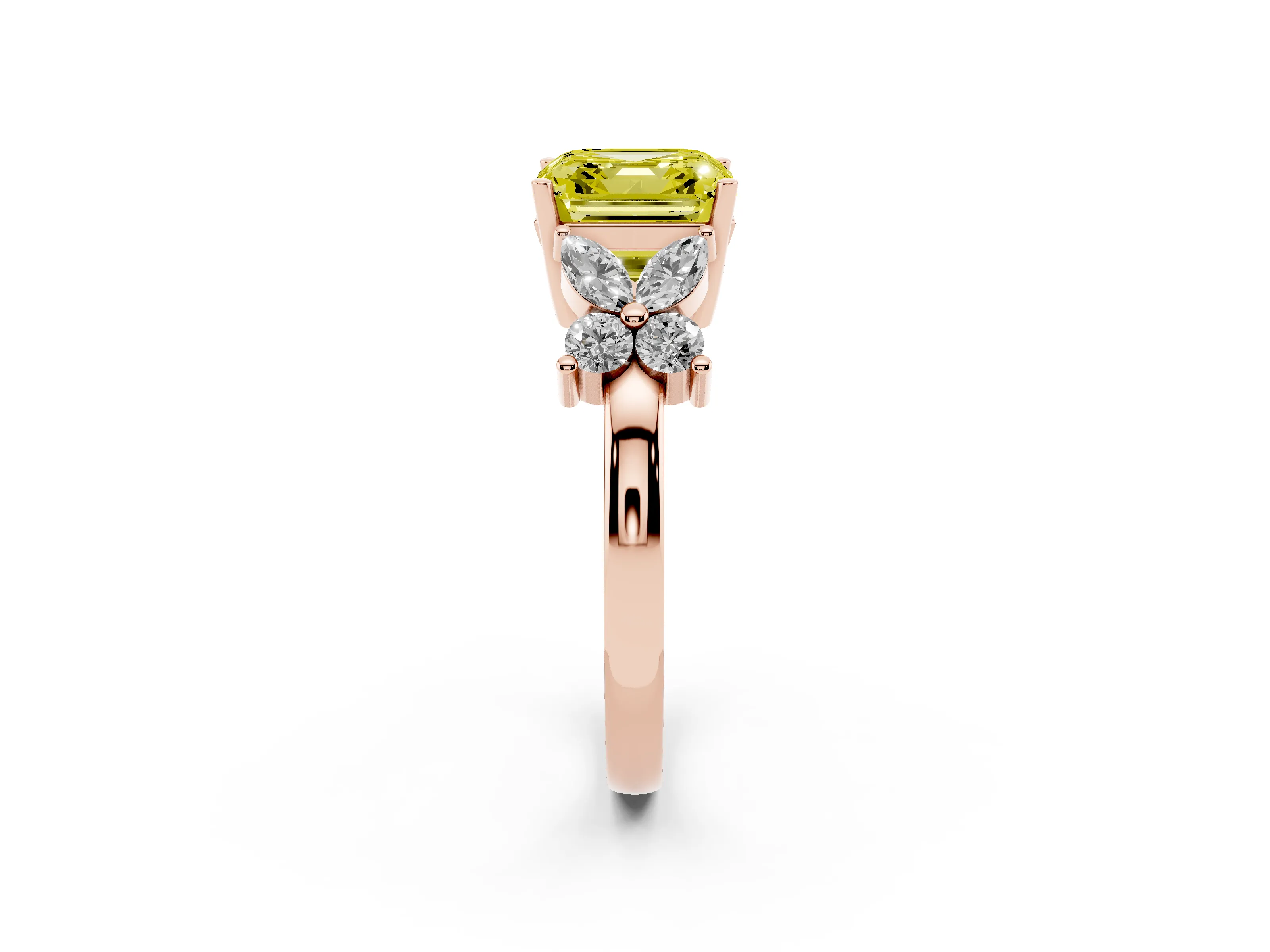Fancy Yellow Princess Cut Diamond Floral Cluster Ring Set in Rose gold with Marquise Petals and Prong Setting