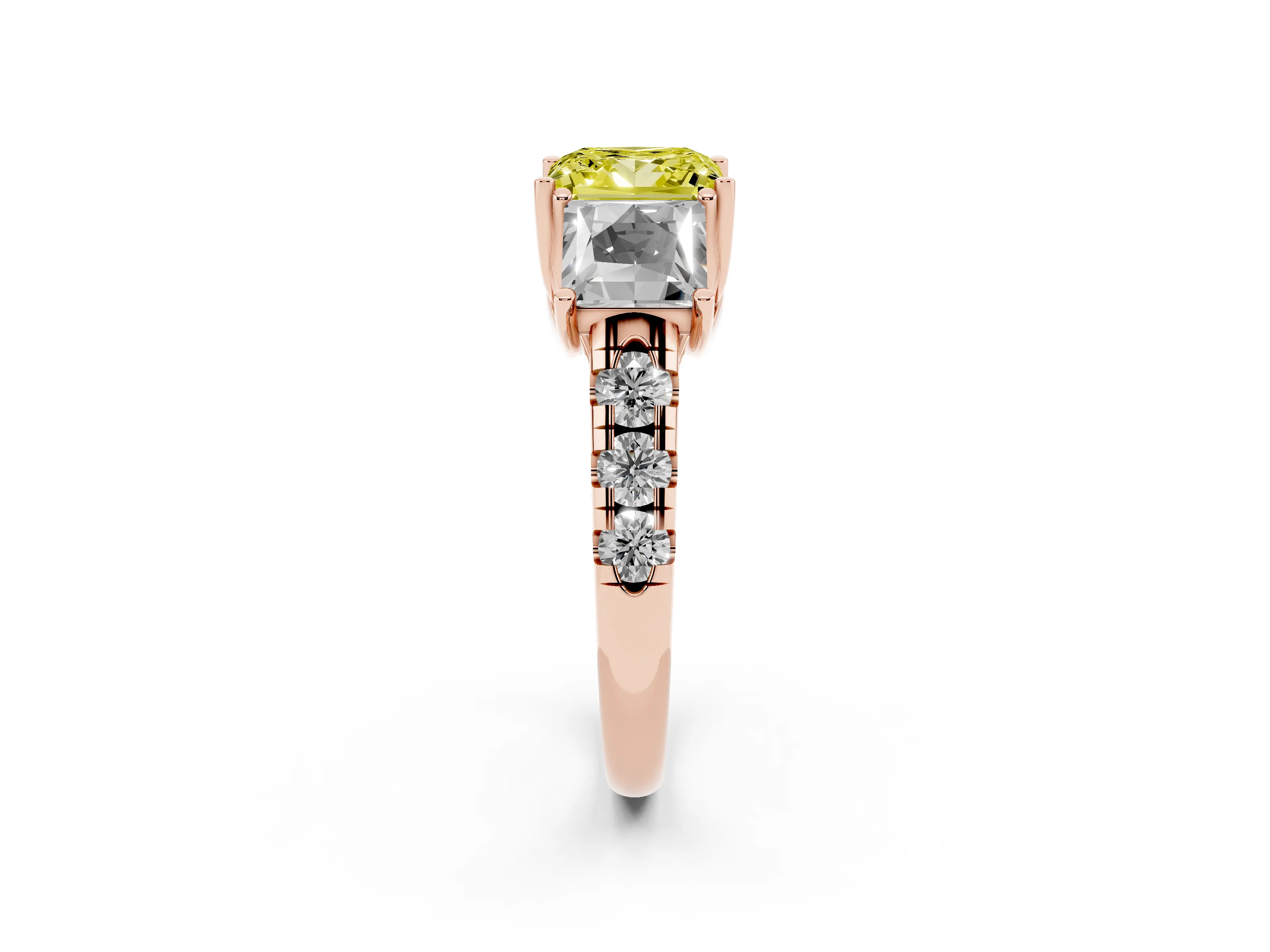 Fancy Yellow Princess Cut Diamond Three-Stone Ring Set in Rose gold with Pavé Band