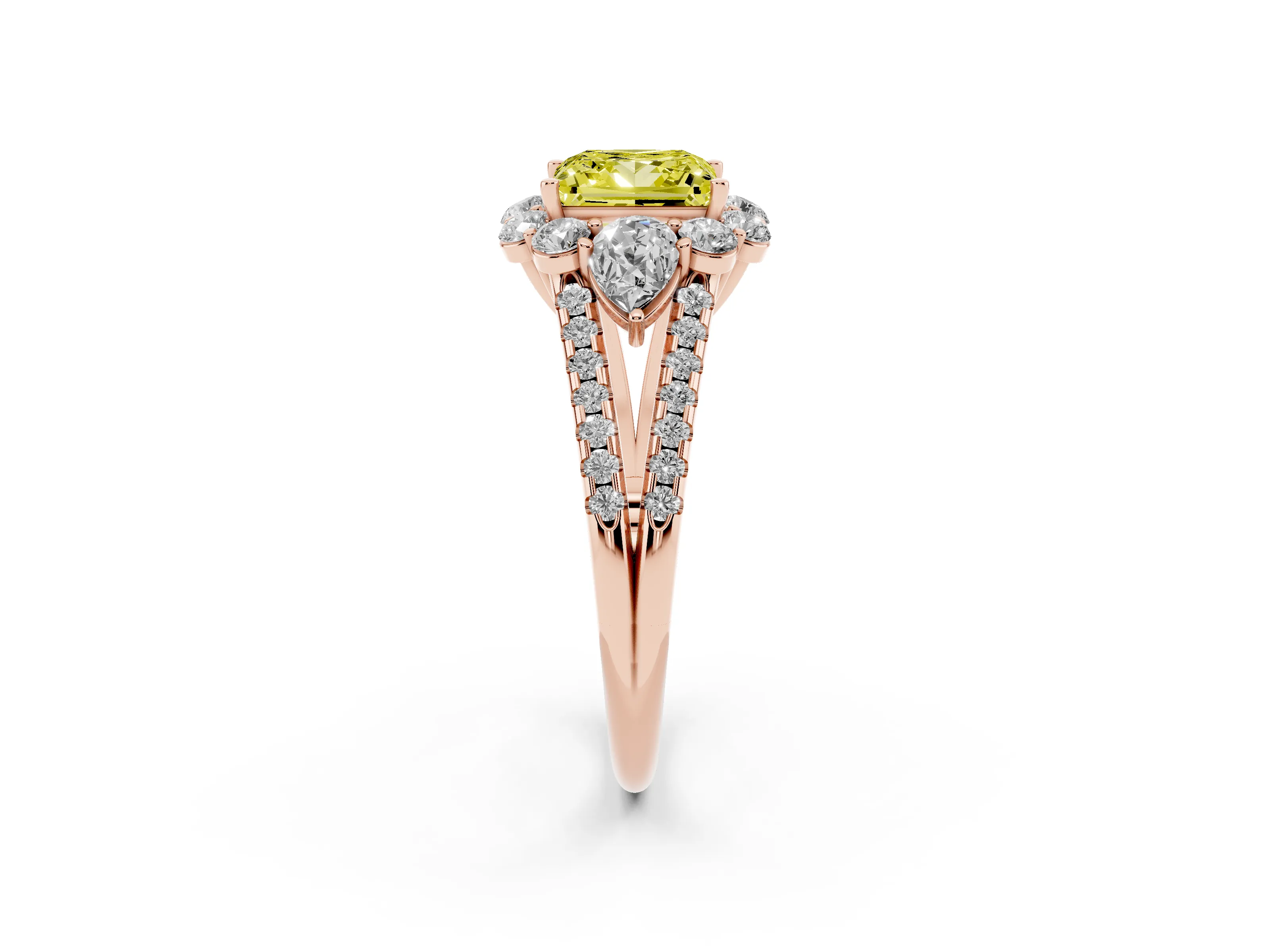 Fancy Yellow Princess Cut Diamond Halo Split Shank Engagement Ring Set in Rose gold with Prong-Held Center Stone
