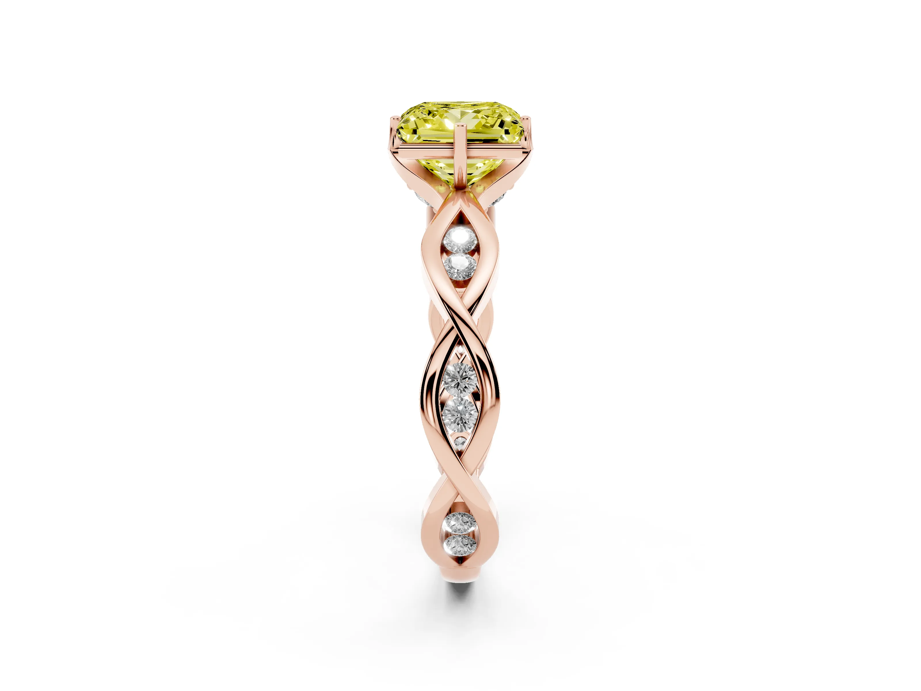 Fancy Yellow Princess Cut Diamond Twist Band Solitaire Ring Set in Rose gold with Leaf Prong Setting and Accent Stones