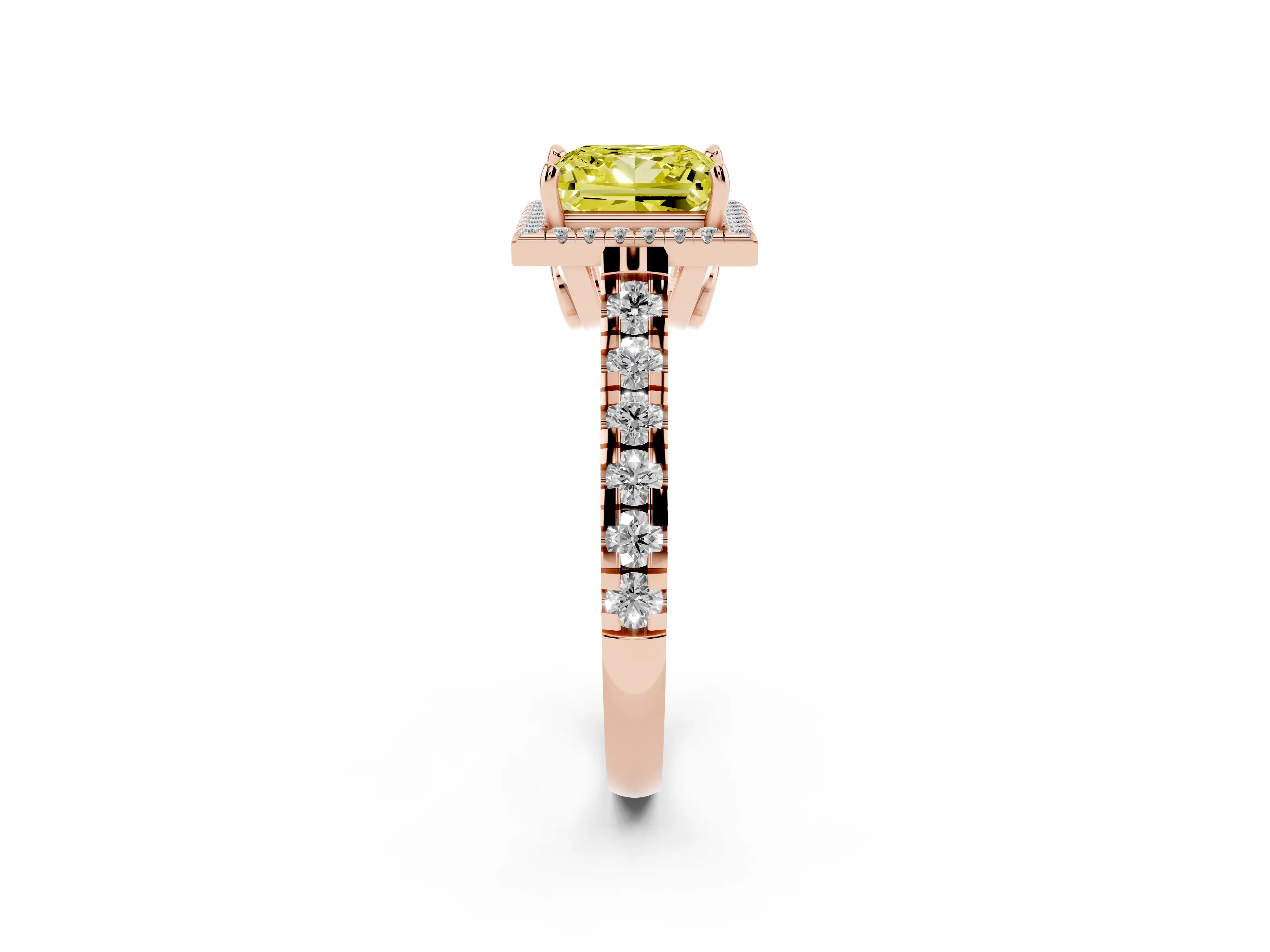 Fancy Yellow Princess Cut Diamond Halo Engagement Ring Set in Rose gold with Pavé Band and Prong-Set Center