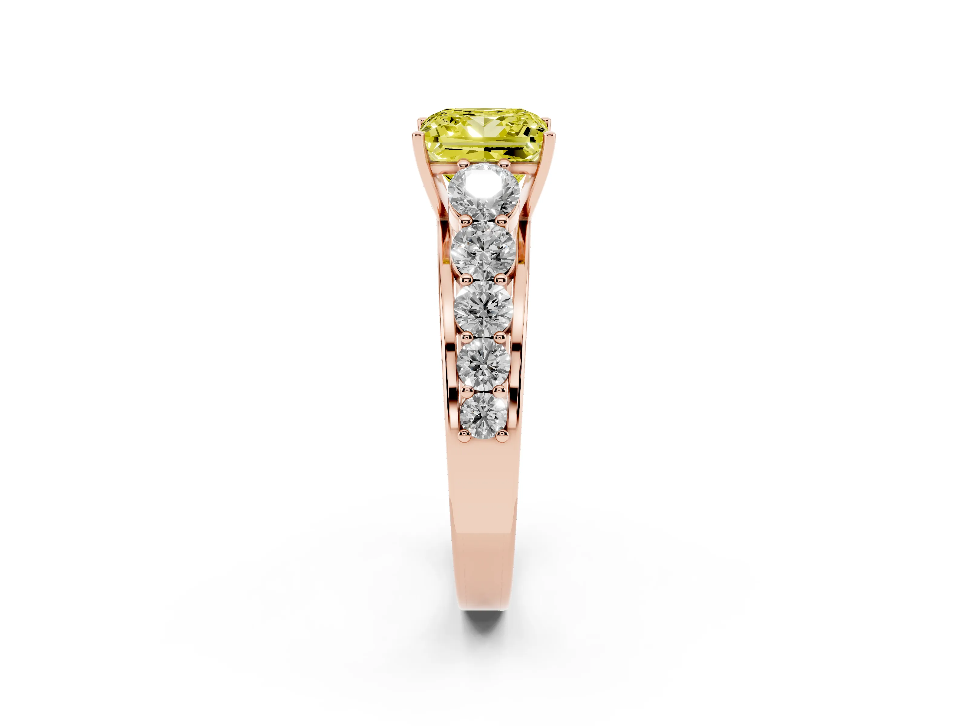 Fancy Yellow Princess Cut Diamond Solitaire Ring Set in Rose gold with Pavé-Set Band and Prong Setting