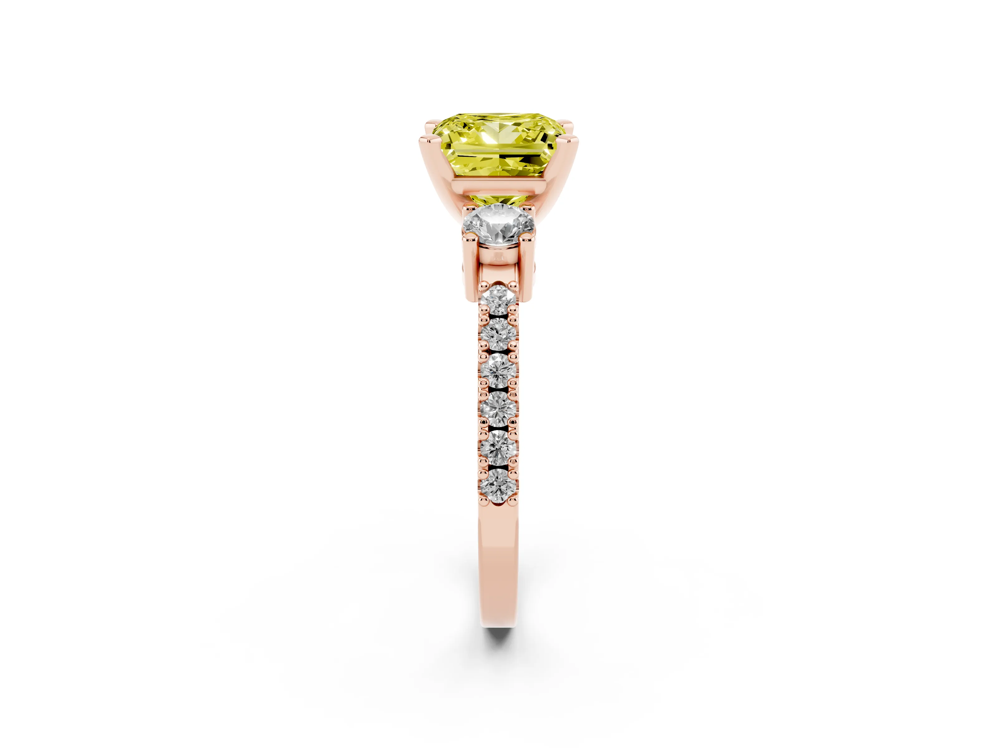 Fancy Yellow Three-Stone Princess Cut Diamond Pavé Band Ring Set in Rose gold with Prong Setting