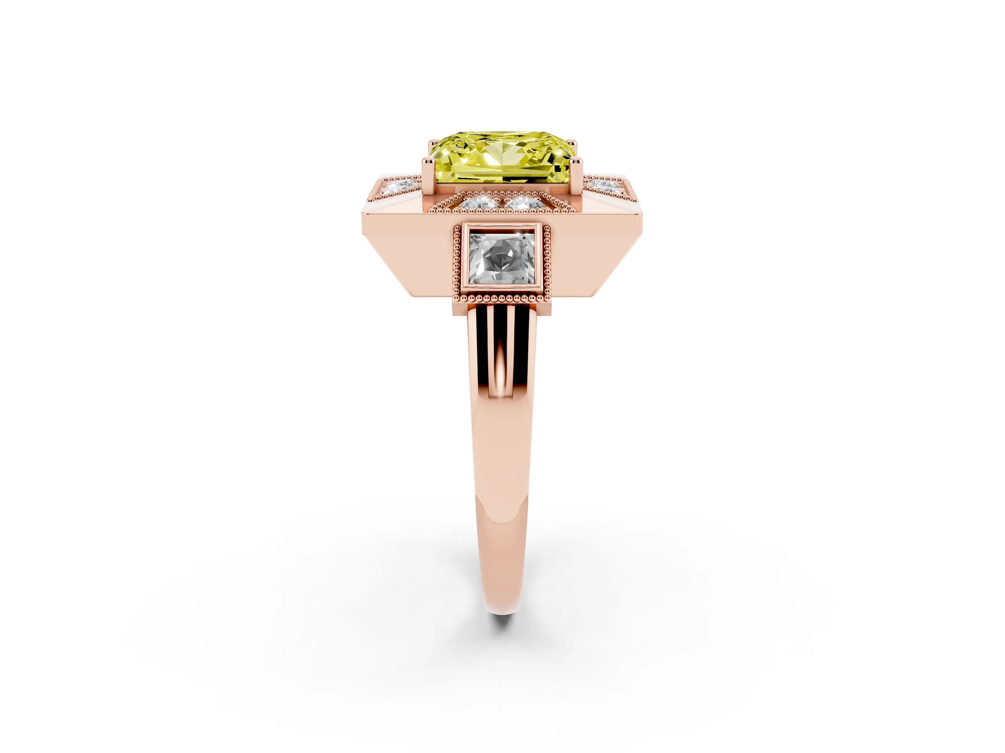 Fancy Yellow Princess Cut Diamond Milgrain Halo Ring Set in Rose gold with Split Shank