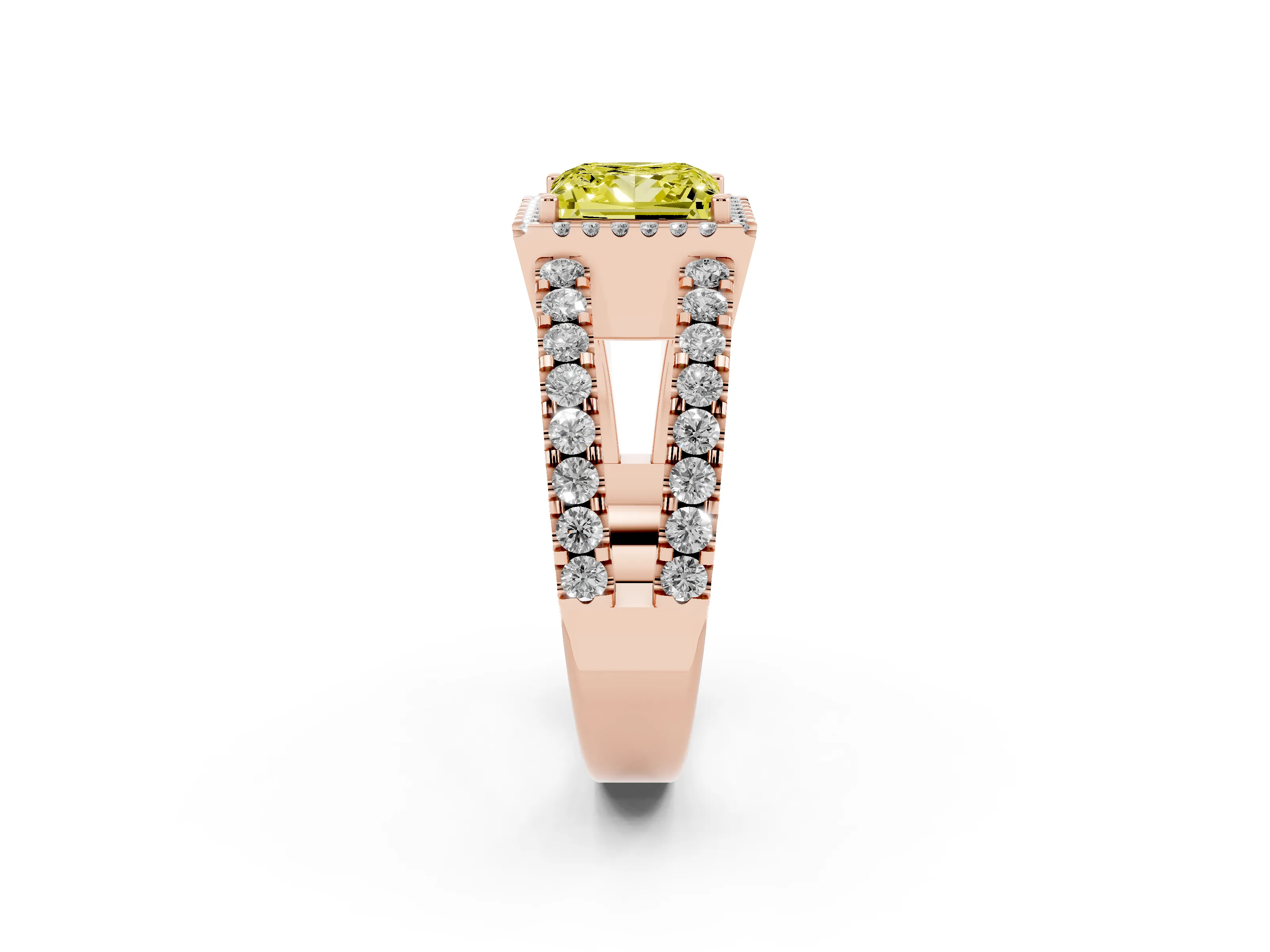 Fancy Yellow Princess Cut Diamond Halo Ring Set in Rose gold with Pavé Split Shank and Prong Setting